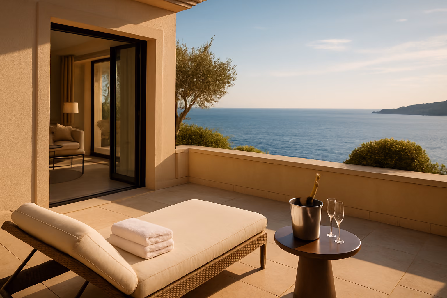 Create a realistic image of a luxurious private villa terrace on the French Riviera with a stunning Mediterranean sea view, featuring an open glass door leading to an elegantly furnished interior, a reserved sun lounger with neatly folded towels and a chilled bottle of champagne on a side table, bathed in warm golden afternoon sunlight, conveying an atmosphere of exclusivity, effortless access, and personalized luxury that feels distinctly different from a typical tourist hotel experience. Absolutely NO text should be in the scene.