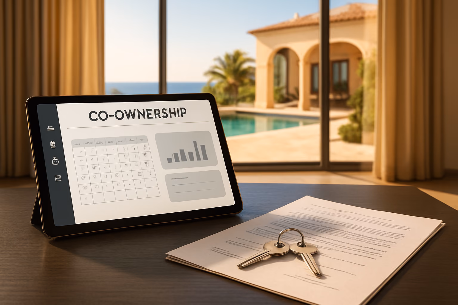Create a realistic image of a sleek digital tablet displaying a co-ownership property management app interface with a calendar scheduling system and a luxury French Riviera villa visible through large glass doors in the background, a set of elegant property keys and legal ownership documents neatly arranged on a modern table in the foreground, warm Mediterranean sunlight streaming through the windows, conveying a sense of organized, seamless property ownership, professional and inviting atmosphere. Absolutely NO text should be in the scene.