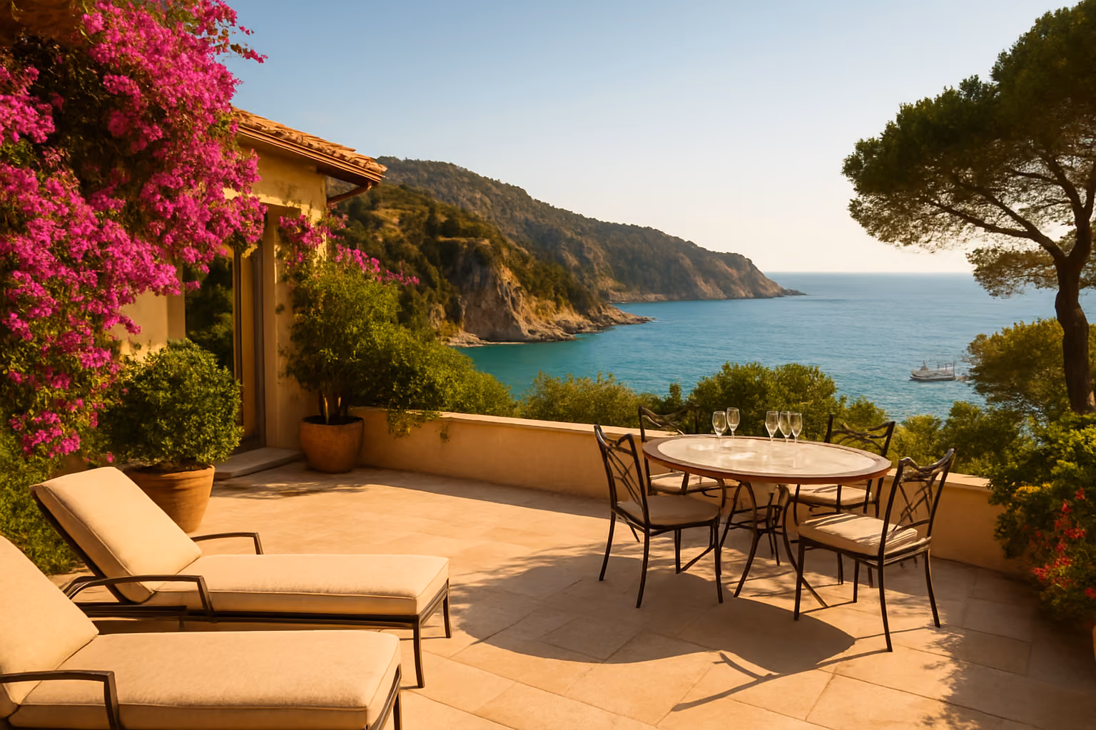 Create a realistic image of a luxurious private villa terrace on the French Riviera with a stunning panoramic view of the turquoise Mediterranean Sea, featuring elegant outdoor furniture including lounge chairs and a dining table set with wine glasses, surrounded by lush Mediterranean greenery and blooming bougainvillea, with the iconic coastal cliffs and a small harbor with yachts visible in the background, bathed in warm golden afternoon sunlight that creates a sense of exclusivity and belonging, conveying the feeling of true ownership and relaxed luxury rather than a typical tourist experience, with a calm and aspirational mood that blends wealth, comfort, and the authentic beauty of the Côte d'Azur. Absolutely NO text should be in the scene.