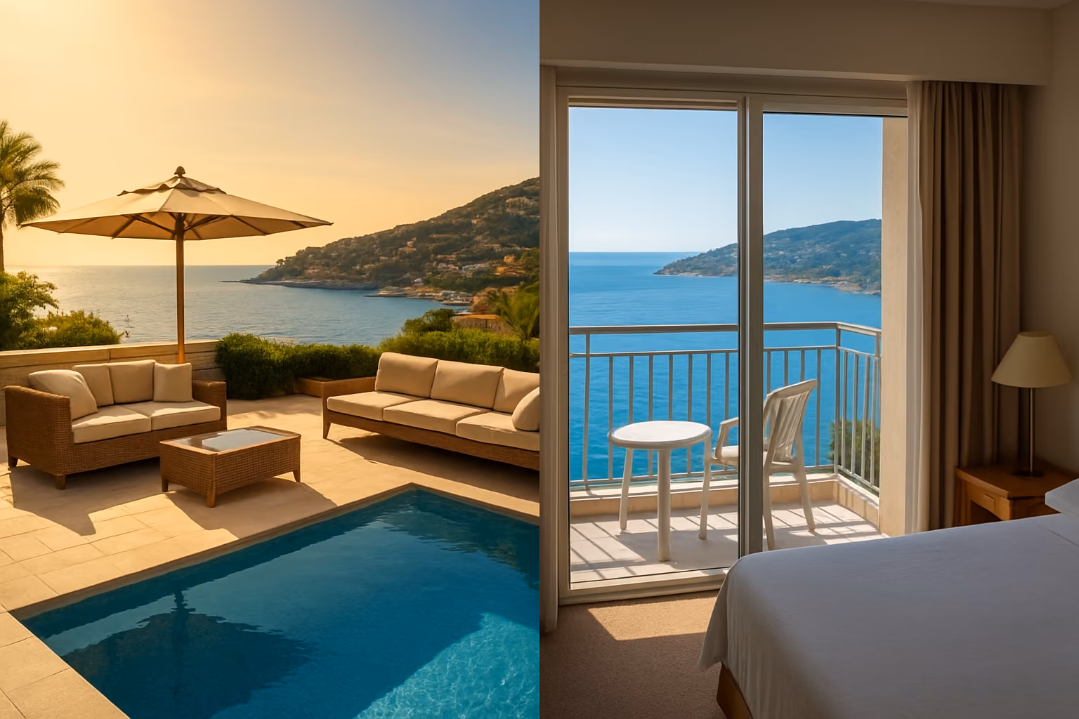 Create a realistic image of a split-scene comparison showing two contrasting experiences on the French Riviera, with one side depicting a luxurious private villa terrace overlooking the Mediterranean Sea with elegant outdoor furniture, a private pool, and a stunning coastal view bathed in warm golden sunlight, and the other side showing a standard hotel room balcony with a limited view and basic amenities, the overall mood conveying the stark contrast between exclusive ownership and temporary rental, with vibrant blue waters and the iconic Côte d'Azur coastline visible in the background, lit by bright Mediterranean daylight that enhances the sense of luxury versus ordinary. Absolutely NO text should be in the scene.