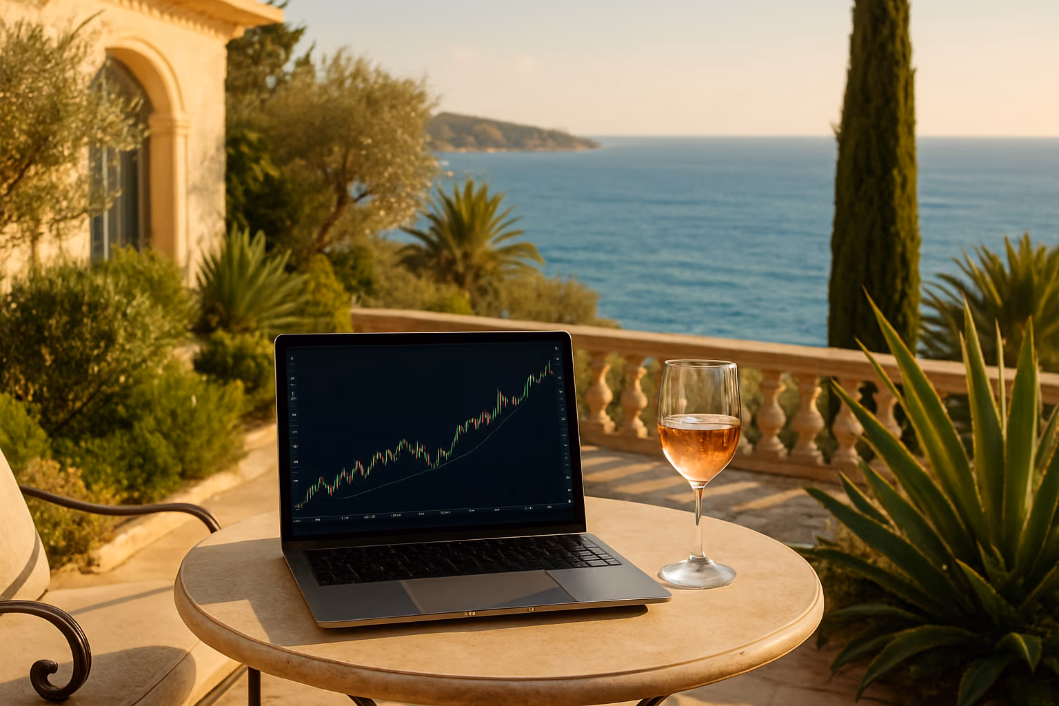 Create a realistic image of a luxurious French Riviera villa terrace overlooking the sparkling Mediterranean Sea, with a sleek laptop displaying financial growth charts placed on an elegant outdoor table beside a glass of rosé wine, surrounded by lush Mediterranean plants and beautiful azure water views in the background, bathed in warm golden afternoon sunlight, conveying a sense of effortless wealth-building and sophisticated leisure combined, with a relaxed yet prosperous atmosphere. Absolutely NO text should be in the scene.