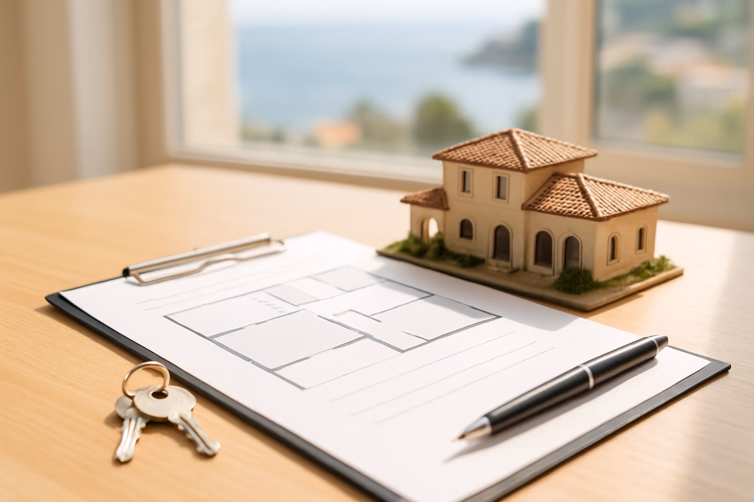 Create a realistic image of a clean, modern document signing scene on a sunlit table, featuring a property ownership agreement divided into elegant fractional sections visualized as a neatly split floor plan or property diagram, accompanied by a small model of a luxury Mediterranean villa, a pen, and a set of keys, set against a soft blurred background suggesting a French Riviera coastal view through a bright window, with warm natural lighting creating a professional yet inviting atmosphere, Absolutely NO text should be in the scene.