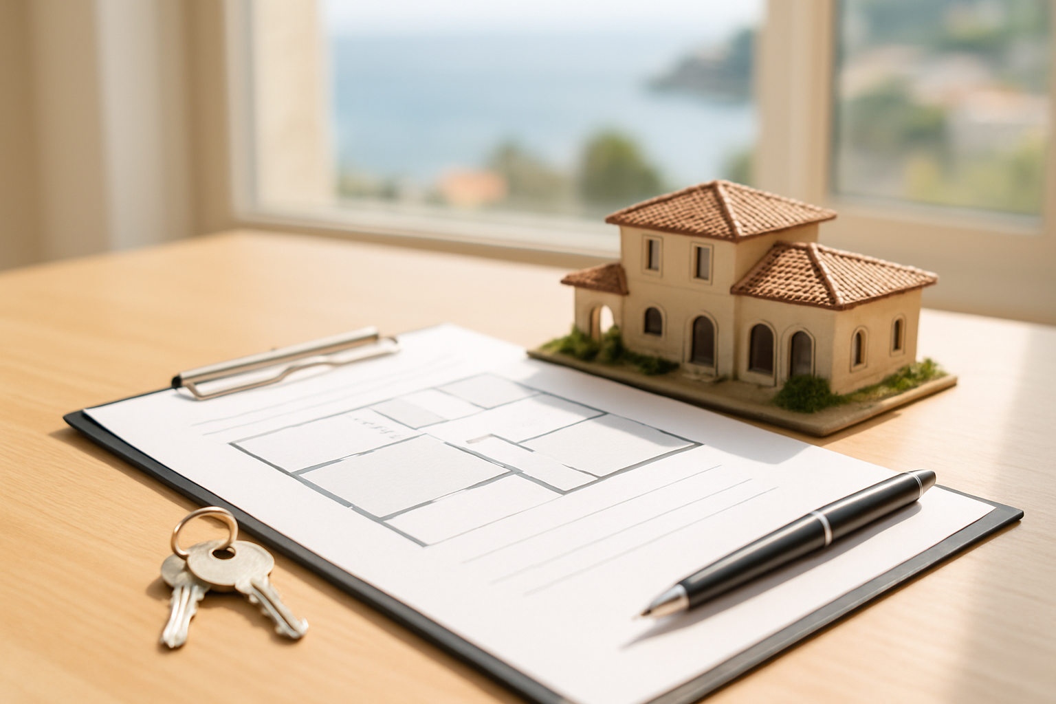 Create a realistic image of a clean, modern document signing scene on a sunlit table, featuring a property ownership agreement divided into elegant fractional sections visualized as a neatly split floor plan or property diagram, accompanied by a small model of a luxury Mediterranean villa, a pen, and a set of keys, set against a soft blurred background suggesting a French Riviera coastal view through a bright window, with warm natural lighting creating a professional yet inviting atmosphere, Absolutely NO text should be in the scene.