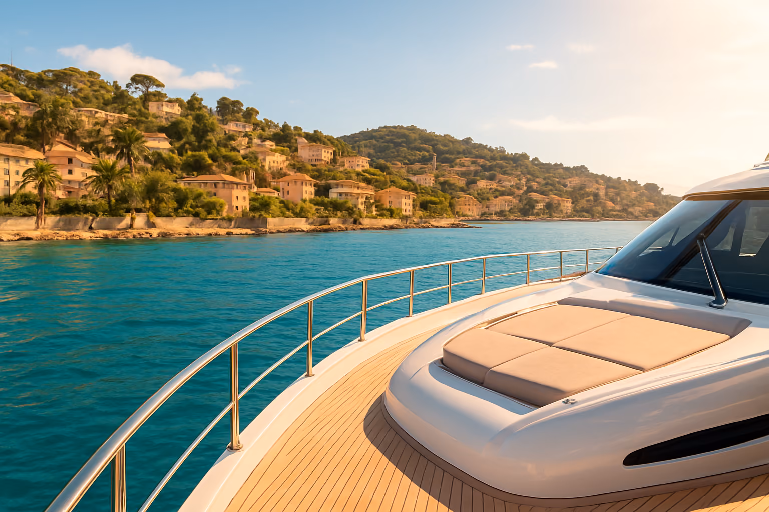 Create a realistic image of a sun-drenched French Riviera coastal scene viewed from a sleek, modern yacht or luxury boat gliding along the turquoise Mediterranean waters, with the iconic hillside towns, terracotta-roofed villas, and palm trees of the Côte d'Azur visible in the background, bathed in warm golden afternoon sunlight, evoking a sense of effortless arrival and leisurely exploration of the glamorous coastline, with a vibrant yet relaxed holiday atmosphere. Absolutely NO text should be in the scene.