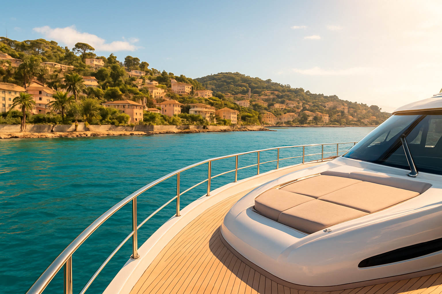 Create a realistic image of a sun-drenched French Riviera coastal scene viewed from a sleek, modern yacht or luxury boat gliding along the turquoise Mediterranean waters, with the iconic hillside towns, terracotta-roofed villas, and palm trees of the Côte d'Azur visible in the background, bathed in warm golden afternoon sunlight, evoking a sense of effortless arrival and leisurely exploration of the glamorous coastline, with a vibrant yet relaxed holiday atmosphere. Absolutely NO text should be in the scene.