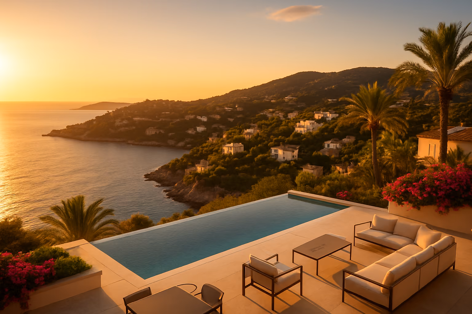 Create a realistic image of a stunning aerial view of the French Riviera coastline during golden hour, featuring luxurious white Mediterranean villas nestled on sun-drenched hillsides overlooking the deep blue waters of the Côte d'Azur, with a sleek modern terrace in the foreground showcasing elegant outdoor furniture, a sparkling infinity pool blending into the horizon, lush palm trees and vibrant bougainvillea adding color to the scene, the warm amber and golden light casting a rich glow across the landscape, the overall mood being aspirational, serene, and sophisticated, evoking the feeling of exclusive yet attainable luxury ownership. Absolutely NO text should be in the scene.