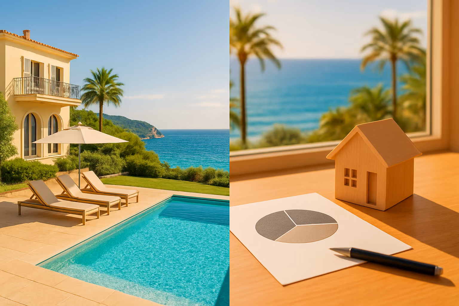 Create a realistic image of a luxurious French Riviera coastal property with a stunning villa overlooking the turquoise Mediterranean Sea, featuring an elegant split-screen composition showing a lavish poolside terrace with sun loungers on one side and a clean, minimalist financial planning concept on the other, represented by a small wooden desk with a simple pie chart diagram and a model house figurine, bathed in warm golden Mediterranean sunlight, with palm trees and the azure coastline visible in the background, conveying a sense of smart, accessible luxury investment, bright and aspirational mood. Absolutely NO text should be in the scene.