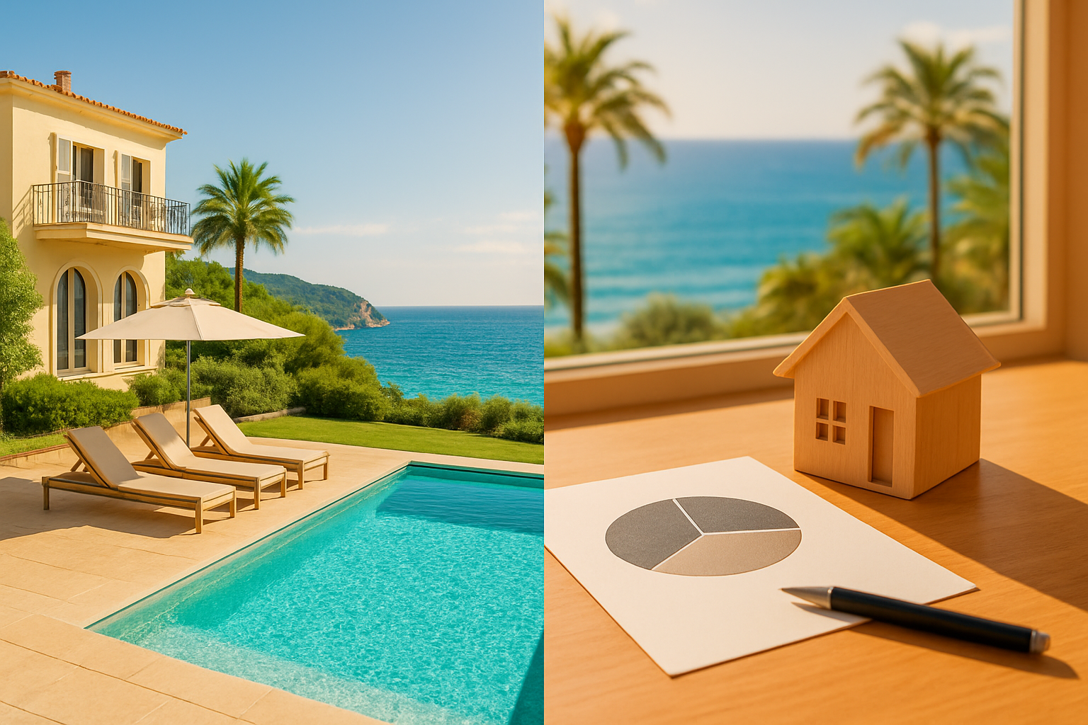 Create a realistic image of a luxurious French Riviera coastal property with a stunning villa overlooking the turquoise Mediterranean Sea, featuring an elegant split-screen composition showing a lavish poolside terrace with sun loungers on one side and a clean, minimalist financial planning concept on the other, represented by a small wooden desk with a simple pie chart diagram and a model house figurine, bathed in warm golden Mediterranean sunlight, with palm trees and the azure coastline visible in the background, conveying a sense of smart, accessible luxury investment, bright and aspirational mood. Absolutely NO text should be in the scene.