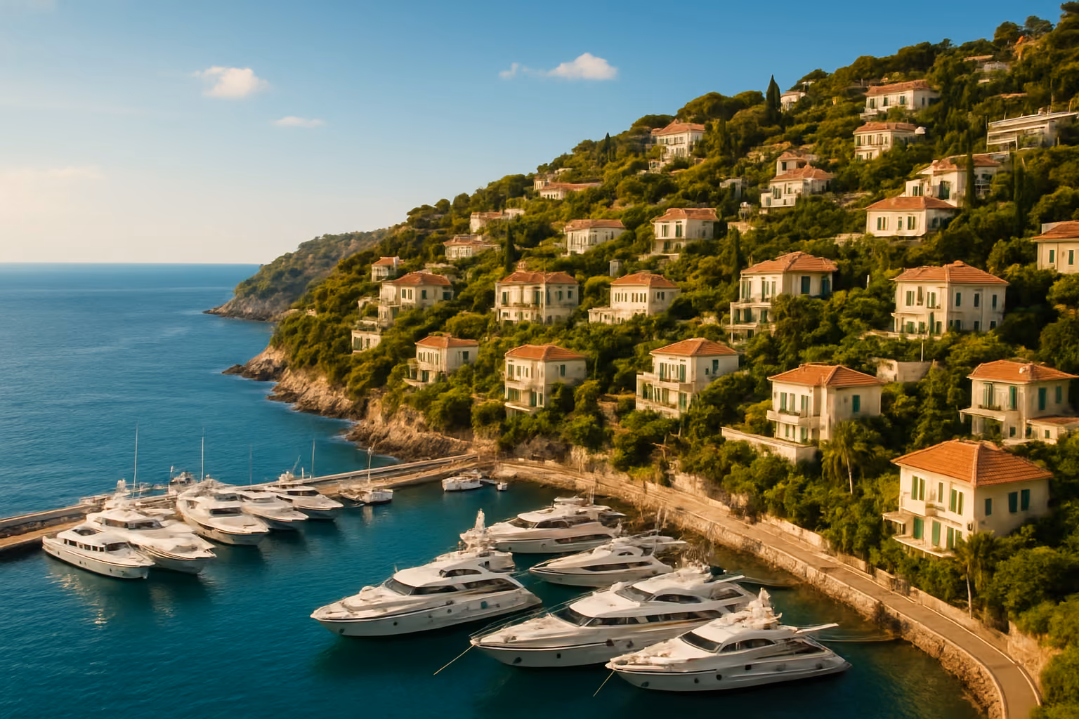 Create a realistic image of a stunning panoramic view of the French Riviera coastline featuring luxurious white and terracotta villas cascading down lush green hillsides toward a sparkling turquoise Mediterranean Sea, with a glamorous marina filled with sleek yachts in the foreground, the iconic azure sky overhead, and the warm golden light of a sunny afternoon illuminating the scene, capturing the exclusive, aspirational atmosphere of one of the world's most prestigious real estate markets. Absolutely NO text should be in the scene.