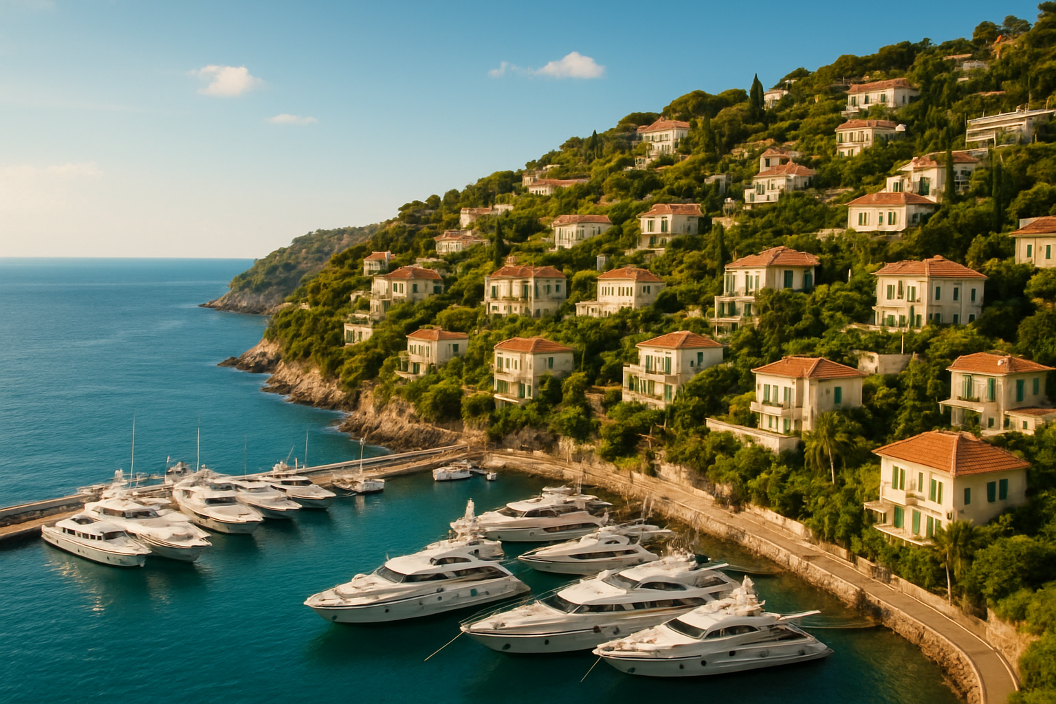 Create a realistic image of a stunning panoramic view of the French Riviera coastline featuring luxurious white and terracotta villas cascading down lush green hillsides toward a sparkling turquoise Mediterranean Sea, with a glamorous marina filled with sleek yachts in the foreground, the iconic azure sky overhead, and the warm golden light of a sunny afternoon illuminating the scene, capturing the exclusive, aspirational atmosphere of one of the world's most prestigious real estate markets. Absolutely NO text should be in the scene.