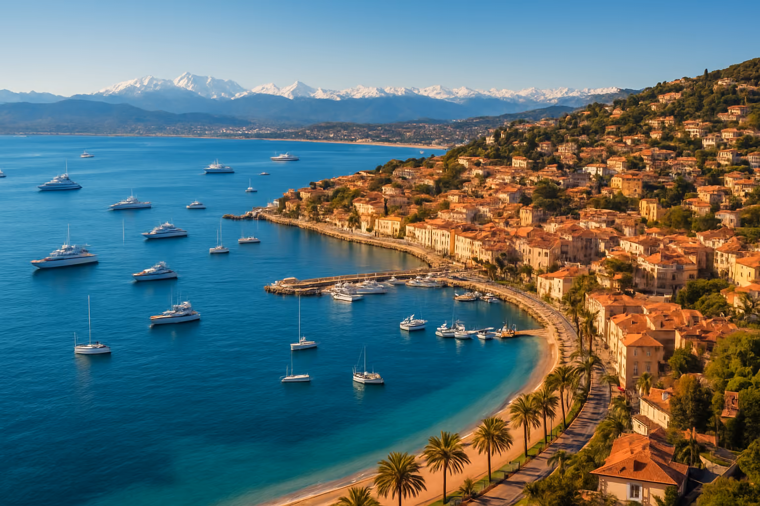 Create a realistic image of a stunning aerial panoramic view showcasing multiple iconic French Riviera destinations, featuring the sparkling turquoise Mediterranean Sea, a glamorous coastal town with terracotta-roofed buildings cascading down sun-drenched hillsides, luxury yachts anchored in a pristine harbor, lush palm trees lining elegant promenades, and distant snow-capped Alps visible on the horizon, bathed in warm golden Mediterranean sunlight under a clear blue sky, conveying an atmosphere of exclusivity, natural beauty, and coastal elegance. Absolutely NO text should be in the scene.