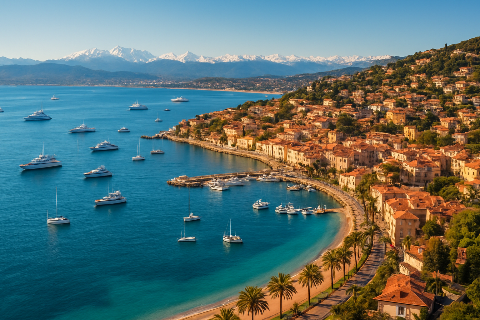 Create a realistic image of a stunning aerial panoramic view showcasing multiple iconic French Riviera destinations, featuring the sparkling turquoise Mediterranean Sea, a glamorous coastal town with terracotta-roofed buildings cascading down sun-drenched hillsides, luxury yachts anchored in a pristine harbor, lush palm trees lining elegant promenades, and distant snow-capped Alps visible on the horizon, bathed in warm golden Mediterranean sunlight under a clear blue sky, conveying an atmosphere of exclusivity, natural beauty, and coastal elegance. Absolutely NO text should be in the scene.