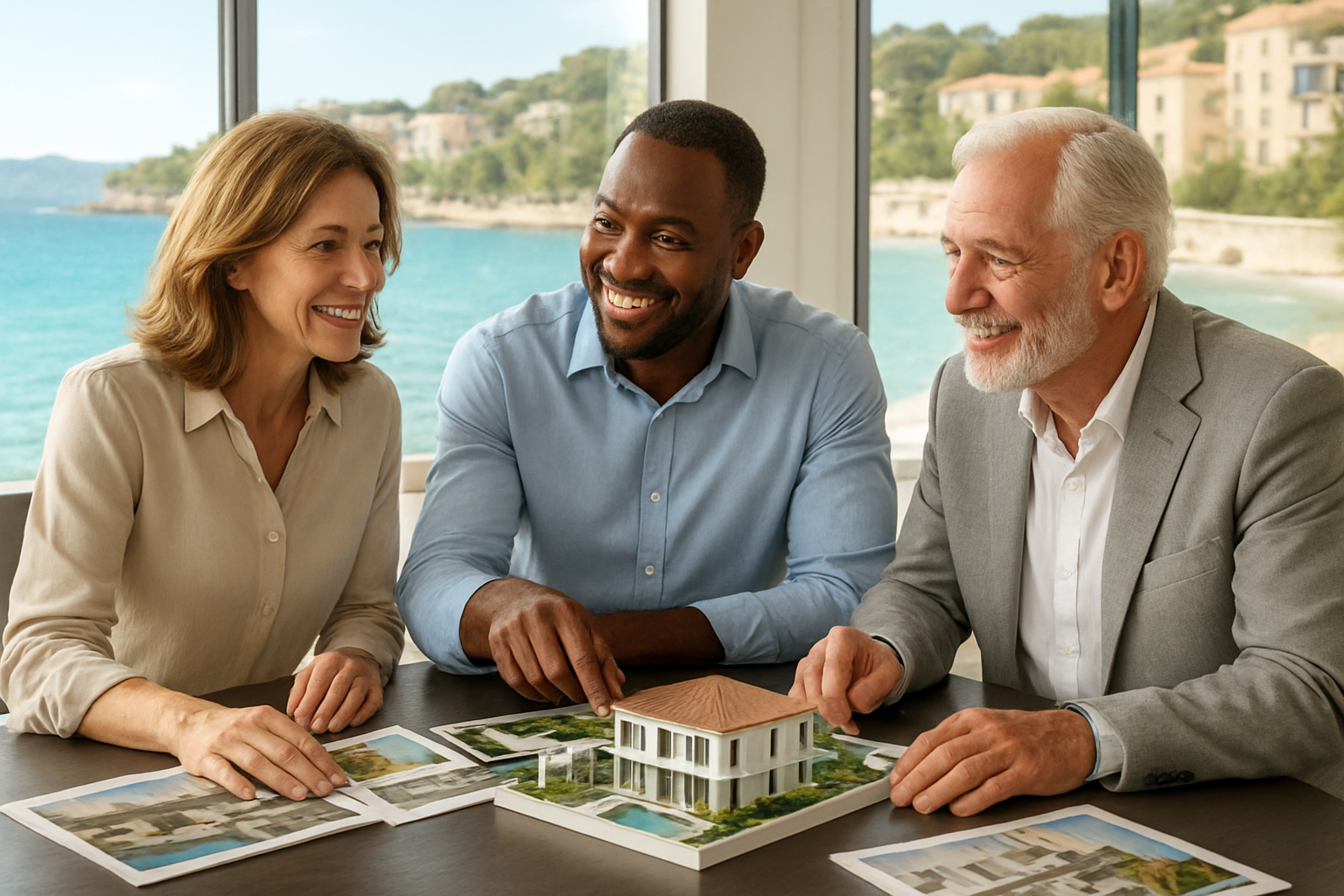 Create a realistic image of a diverse group of three people — a white middle-aged female, a black middle-aged male, and a white senior male — gathered around a sleek modern table with architectural brochures and a small luxury villa model on it, set against a bright background showing a sun-drenched French Riviera coastline through floor-to-ceiling windows, with turquoise water and elegant buildings visible outside, the mood is warm, aspirational, and collaborative, bathed in natural Mediterranean sunlight streaming through the windows, suggesting shared investment planning and mutual opportunity. Absolutely NO text should be in the scene.