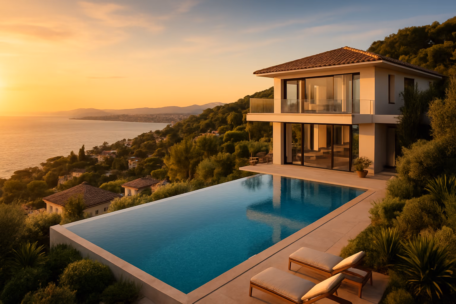 Create a realistic image of a stunning luxury villa perched on the hillside of the French Riviera, with a pristine infinity pool overlooking the Mediterranean Sea, surrounded by lush Mediterranean vegetation and terracotta rooftops, captured during golden hour with warm sunlight casting a soft glow over the azure coastline, conveying an atmosphere of exclusivity and high-end real estate, with the glamorous seaside town of Cannes or Nice visible in the distant background. Absolutely NO text should be in the scene.