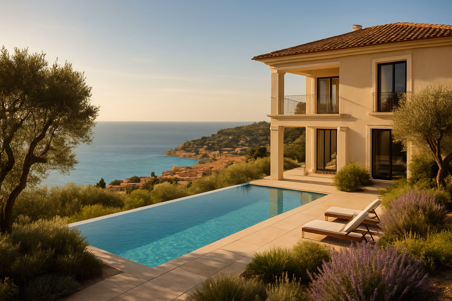 Create a realistic image of a stunning luxury villa perched on a hillside along the French Riviera coastline, with a pristine infinity pool overlooking the sparkling turquoise Mediterranean Sea, surrounded by lush Mediterranean vegetation including olive trees and lavender, with the iconic terracotta rooftops of a coastal town visible in the background, bathed in warm golden sunlight that creates a sense of timeless elegance and enduring value, evoking exclusivity, stability, and long-term desirability as a second home destination. Absolutely NO text should be in the scene.