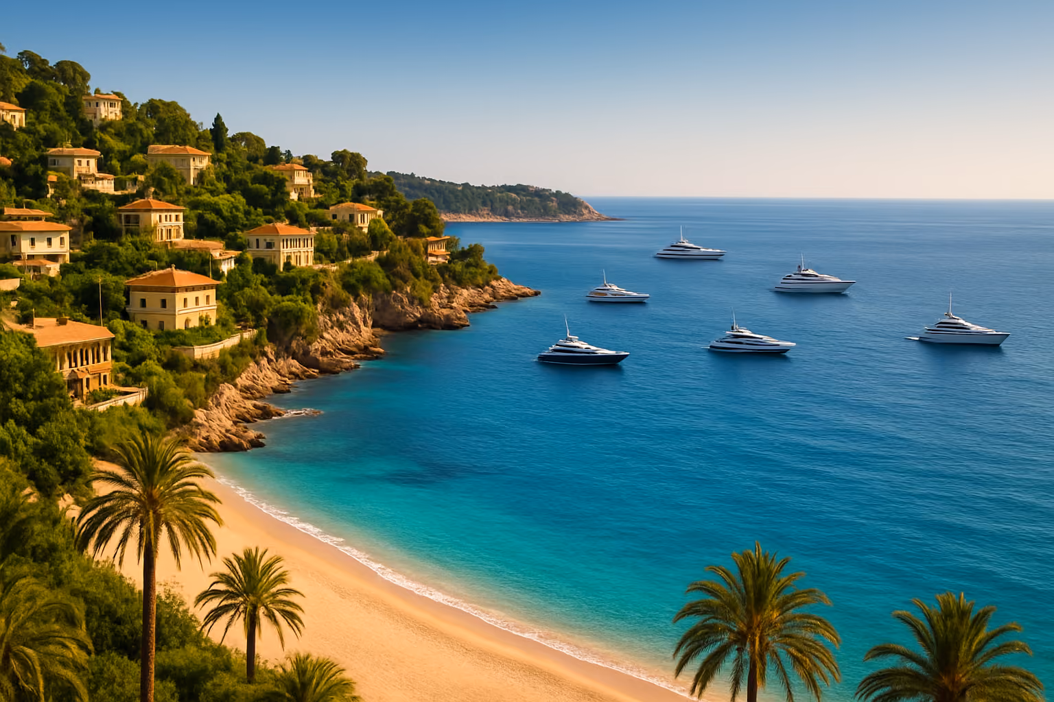 Create a realistic image of a stunning panoramic view of the French Riviera coastline featuring luxury villas perched on hillsides, a sparkling turquoise Mediterranean Sea dotted with sleek yachts, and a pristine sandy beach lined with palm trees, bathed in warm golden sunlight under a clear blue sky, conveying an atmosphere of exclusivity, elegance, and aspirational coastal living. Absolutely NO text should be in the scene.