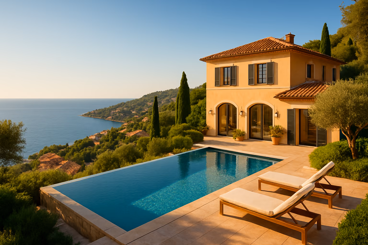 Create a realistic image of a stunning luxury villa perched on the hillside of the French Riviera, with a private infinity pool overlooking the deep blue Mediterranean Sea, surrounded by lush Mediterranean greenery and terracotta rooftops, bathed in warm golden afternoon sunlight, evoking a sense of exclusivity, tranquility, and aspirational lifestyle, with the sparkling coastline and a clear azure sky visible in the background, creating an atmosphere of timeless elegance and smart investment appeal. Absolutely NO text should be in the scene.