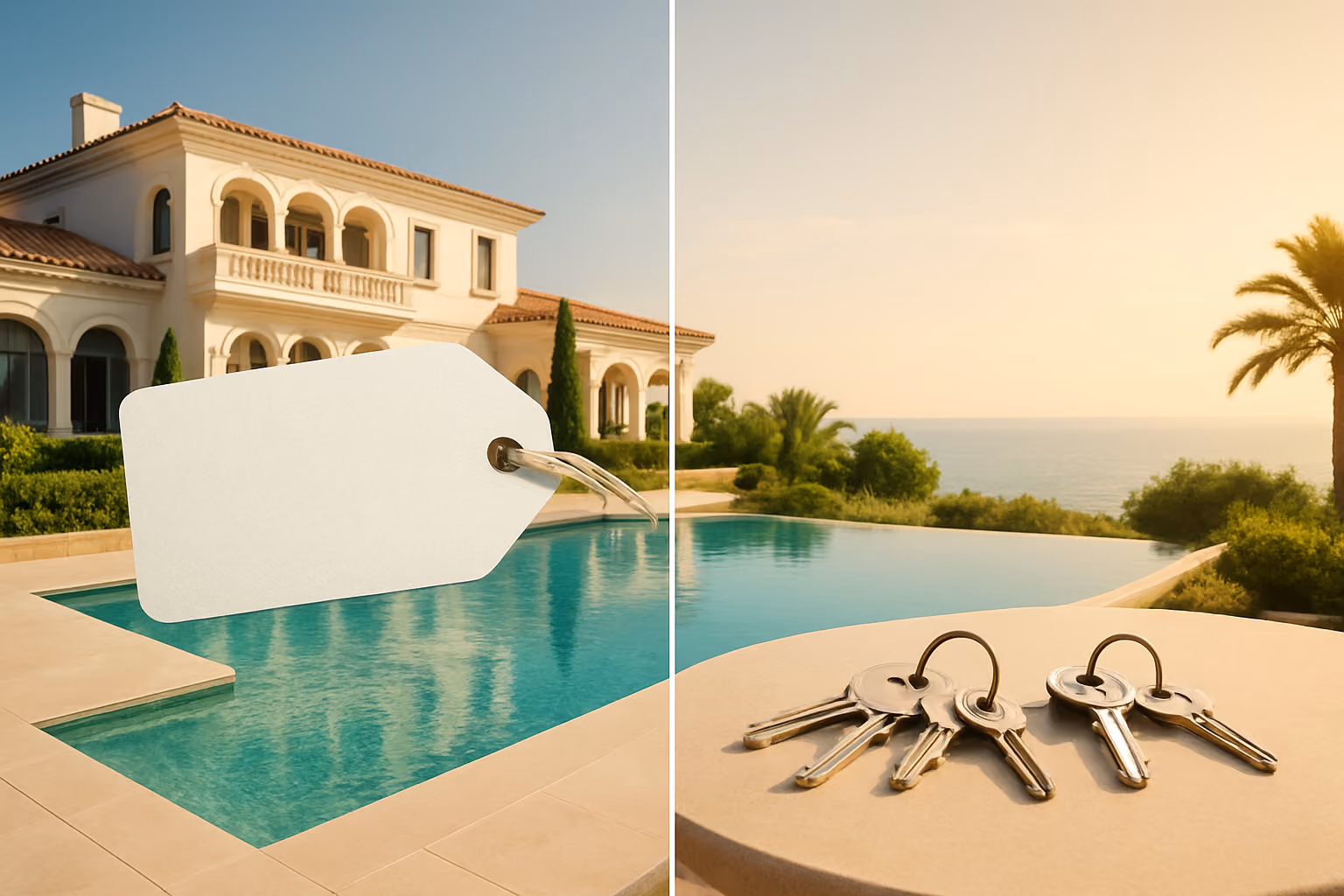 Create a realistic image of a stunning French Riviera luxury villa with a private pool overlooking the Mediterranean Sea, split visually into two contrasting halves — one side showing an intimidatingly large price tag concept represented by a grand, unaffordable-looking estate, and the other side showing a welcoming, attainable scene with multiple sets of keys arranged on a elegant table suggesting shared ownership, warm golden afternoon sunlight casting a Mediterranean glow over the scene, conveying financial accessibility and smart investment without exclusivity, lush coastal landscaping visible in the background, the overall mood being optimistic, modern, and aspirational yet approachable. Absolutely NO text should be in the scene.