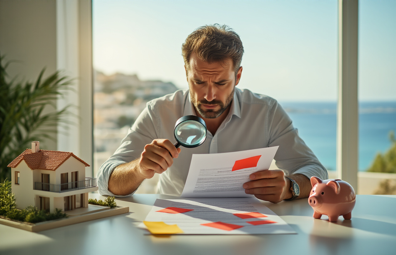 Create a realistic image of a concerned white male investor sitting at a modern desk in a bright Ibiza-style office, carefully reviewing a property co-ownership contract with a magnifying glass, with visible red warning flags or sticky notes placed on key sections of the document, a small scale model of an Ibiza villa and a cracked piggy bank placed nearby as symbolic risk elements, the background featuring a sun-drenched Mediterranean coastal view through a large window, the overall mood being cautious and analytical, with warm natural lighting balanced by subtle shadows emphasizing the gravity of the decision-making process. Absolutely NO text should be in the scene.