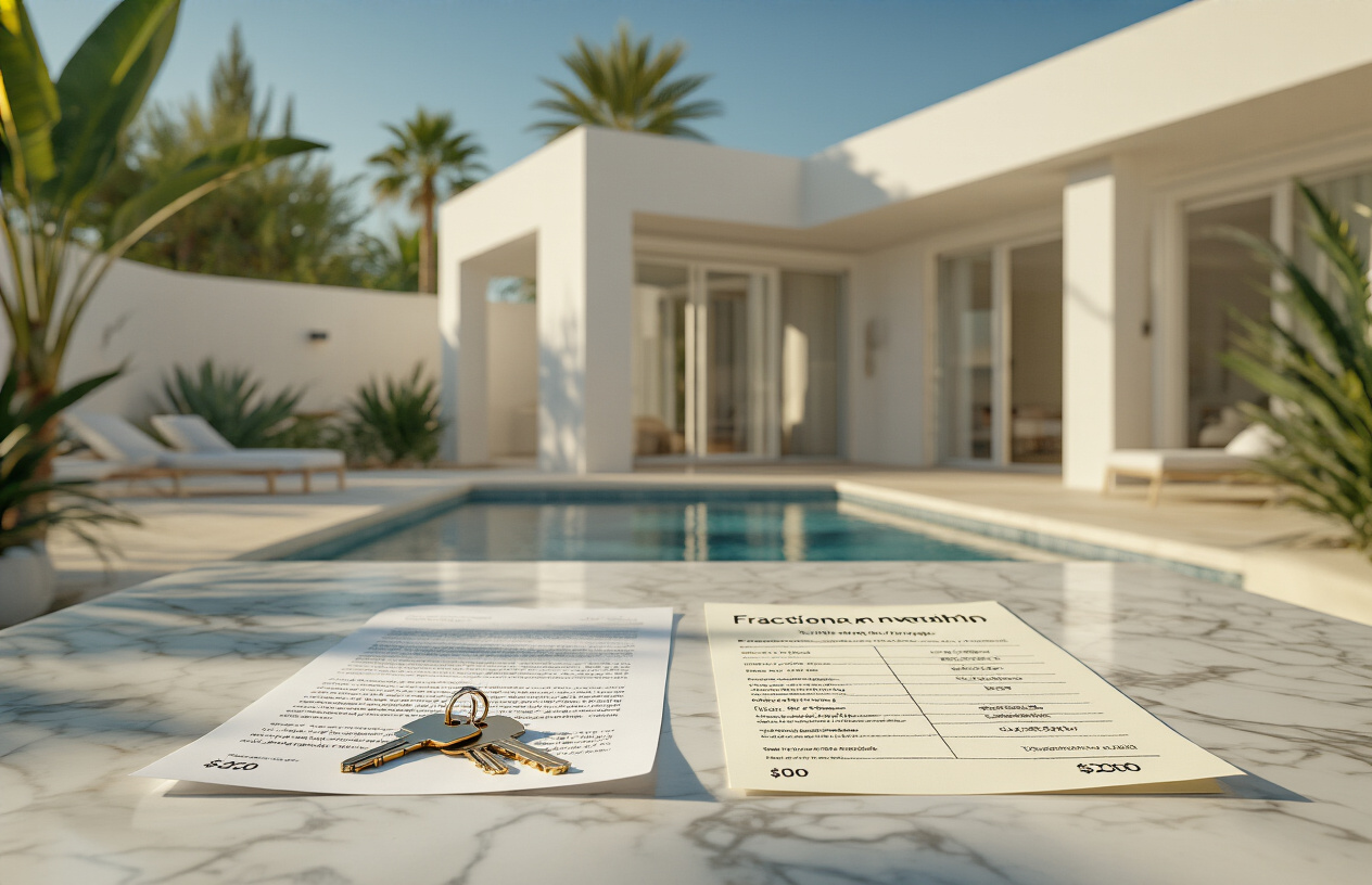 Create a realistic image of a split-screen style financial comparison scene set against a bright, modern Ibiza villa backdrop with white architecture and Mediterranean landscaping, featuring two distinct sides — one showing a single full property deed document with a large price tag and keys, and the other showing a fractional ownership certificate divided into multiple portions with smaller individual cost indicators, placed on a sleek marble table surface, warm natural sunlight streaming through open windows, with a clean and professional atmosphere that conveys financial decision-making and property investment, the mood being analytical yet aspirational. Absolutely NO text should be in the scene.