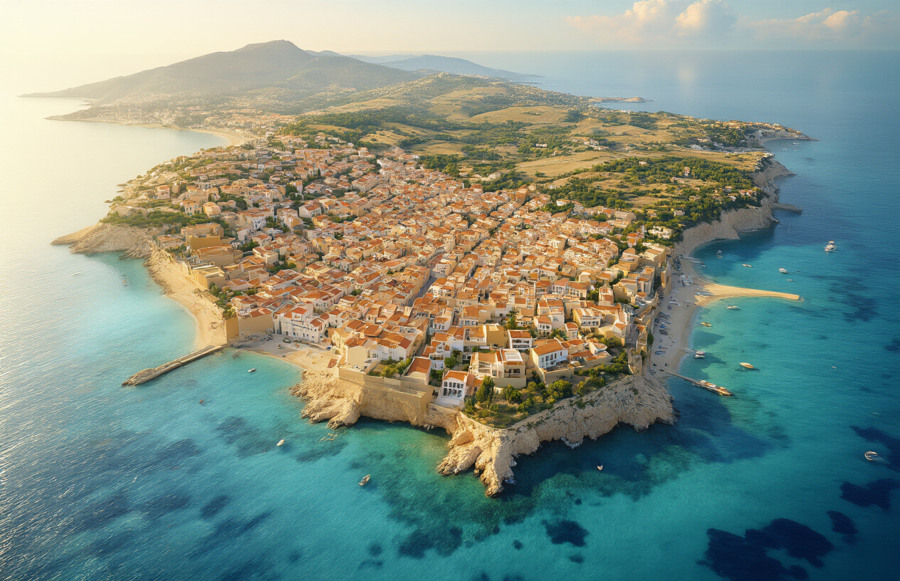 Create a realistic image of a detailed aerial map of Ibiza island divided into distinct color-coded zones, overlaid with small elegant property icons representing villas and apartments in different areas such as Ibiza Town, San José, Santa Eulària, and the northern countryside, with subtle price range indicators shown through varying tones of warm gold and blue shading across each zone, set against a clean light background with a Mediterranean coastal aesthetic, soft natural lighting highlighting the contrast between luxury hotspots near the coast and more affordable inland areas, conveying a sense of real estate market segmentation across the island. Absolutely NO text should be in the scene.
