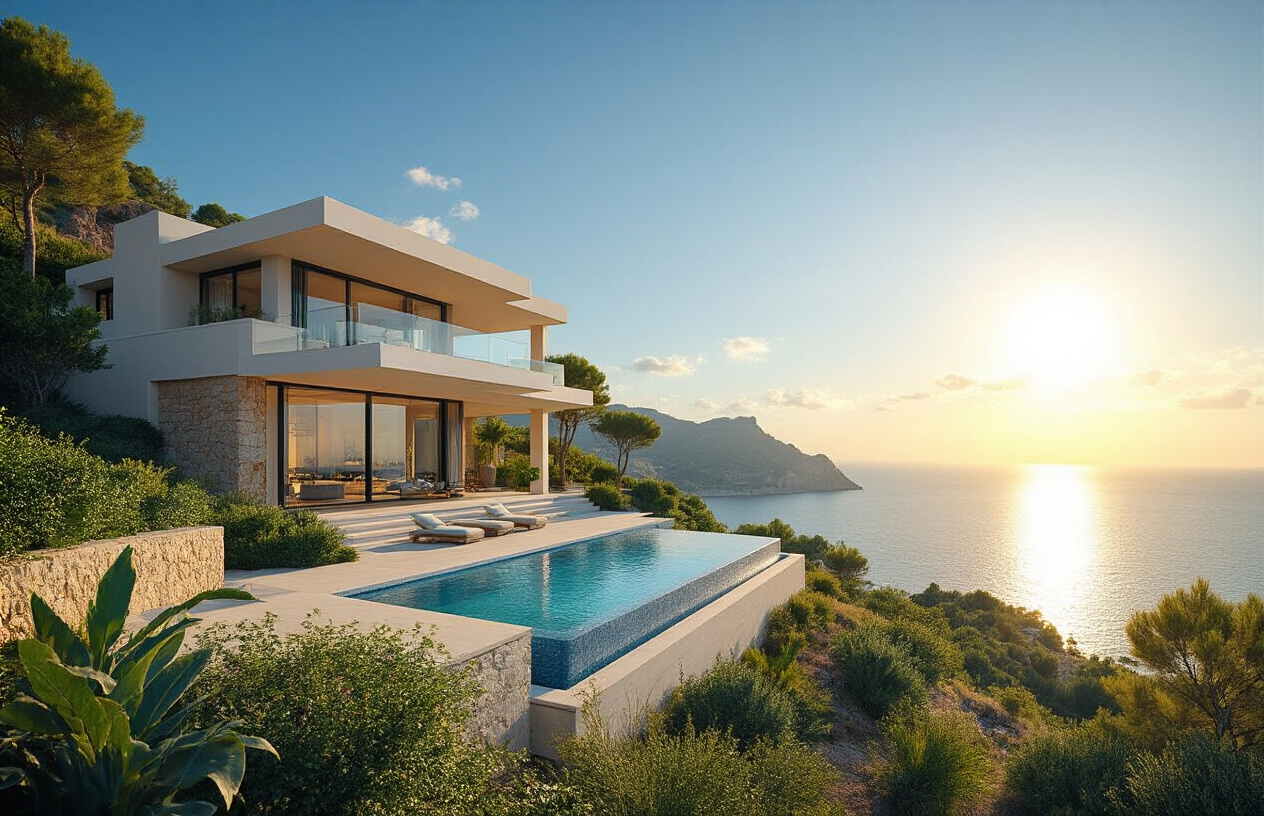 Create a realistic image of a stunning luxury villa perched on a hillside in Ibiza, Spain, overlooking the sparkling Mediterranean Sea, with an upward-trending arrow subtly implied by the architectural lines of the property and rising sun casting a warm golden light across the scene, lush greenery surrounding the estate, a pristine infinity pool reflecting the bright blue sky, and in the foreground a tasteful "For Sale" sign partially visible, conveying exclusivity and high demand, the overall mood being aspirational and prosperous with vibrant Mediterranean colors and sharp midday lighting highlighting the premium real estate landscape. Absolutely NO text should be in the scene.