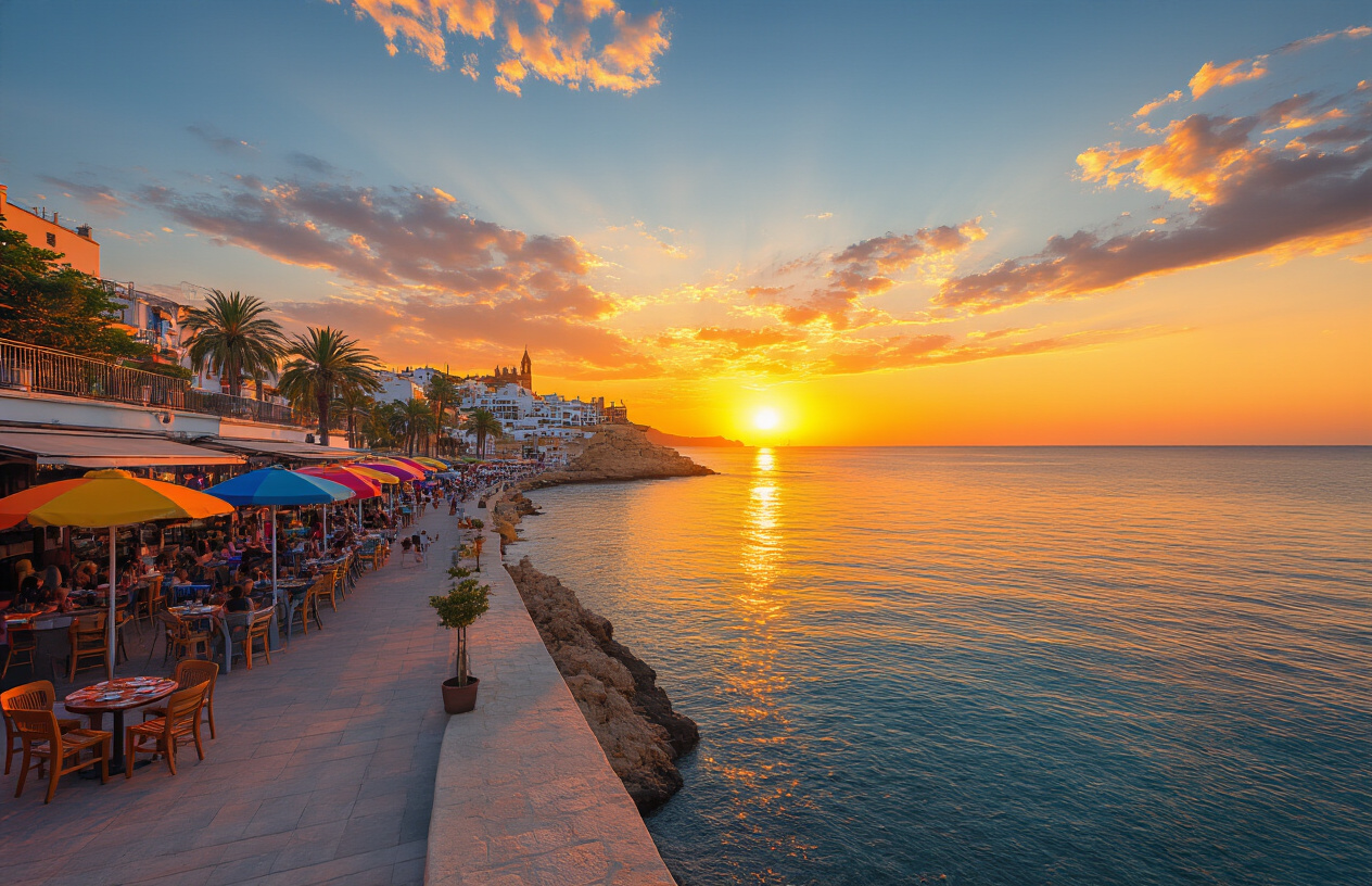 Create a realistic image of San Antonio bay in Ibiza at sunset, featuring the iconic golden and orange sky reflecting on the calm Mediterranean Sea, with a lively waterfront promenade lined with open-air bars and cafes, colorful umbrellas, and relaxed outdoor seating areas, the silhouette of San Antonio's famous sunset viewpoint visible in the background, capturing a vibrant yet laid-back social atmosphere with warm, glowing sunset light bathing the entire scene, showcasing the area's energetic yet affordable coastal charm. Absolutely NO text should be in the scene.