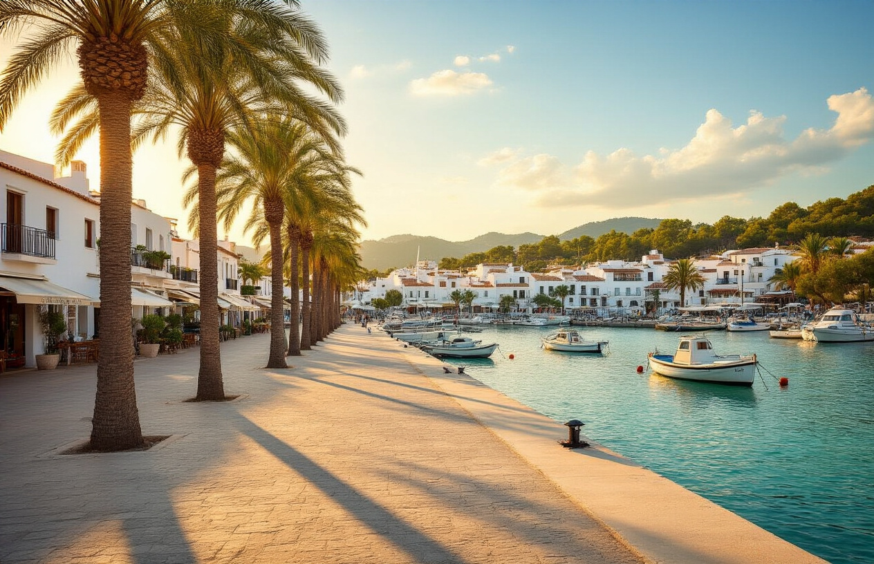 Create a realistic image of a serene coastal town in Ibiza, showcasing Santa Eulalia's calm waterfront promenade lined with palm trees, Mediterranean-style white buildings, and a peaceful marina with small boats gently bobbing in clear turquoise water, bathed in warm golden afternoon sunlight that evokes a sense of tranquility and stability, with lush greenery in the background and a relaxed, unhurried atmosphere that reflects long-term residential appeal rather than nightlife tourism. Absolutely NO text should be in the scene.