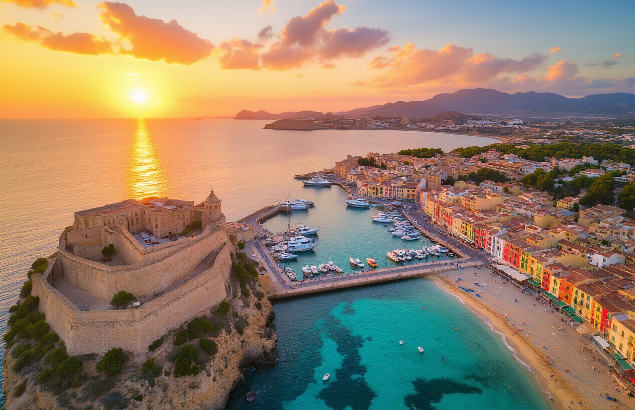 Create a realistic image of a stunning aerial panoramic view of Ibiza's Mediterranean coastline during golden hour, showcasing three distinct visual zones in one sweeping landscape — a historic walled old town with fortress walls on one side, a vibrant marina with colorful sunset skies in the center, and a calm serene beach town with lush greenery on the other side, all bathed in warm golden and amber light reflecting off the crystal-clear turquoise water, evoking a sense of choice, opportunity, and Mediterranean luxury for a property buyer, with no people in the scene and a mood that feels conclusive, inspiring, and aspirational. Absolutely NO text should be in the scene.