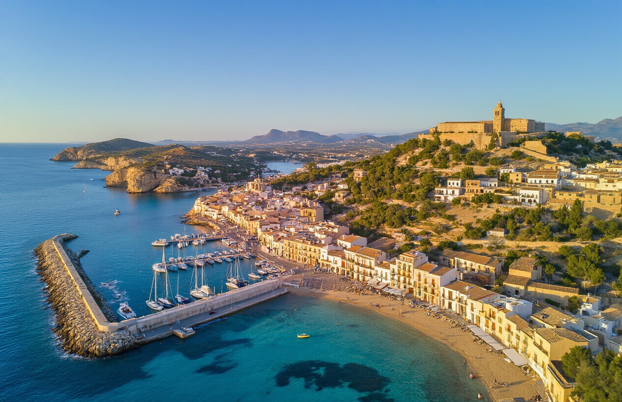 Create a realistic image of a aerial panoramic view of Ibiza's coastline showing three distinct areas with different vibes — a calm marina town, a lively urban waterfront, and a rustic hillside village — separated by natural landscapes, with a map-like perspective highlighting how geography and surroundings define each zone, shot in warm golden hour lighting that emphasizes the contrast between the areas, conveying the idea that where a property sits shapes its entire lifestyle and value, with a clear sense of Mediterranean scenery, blue waters, and varied architecture. Absolutely NO text should be in the scene.