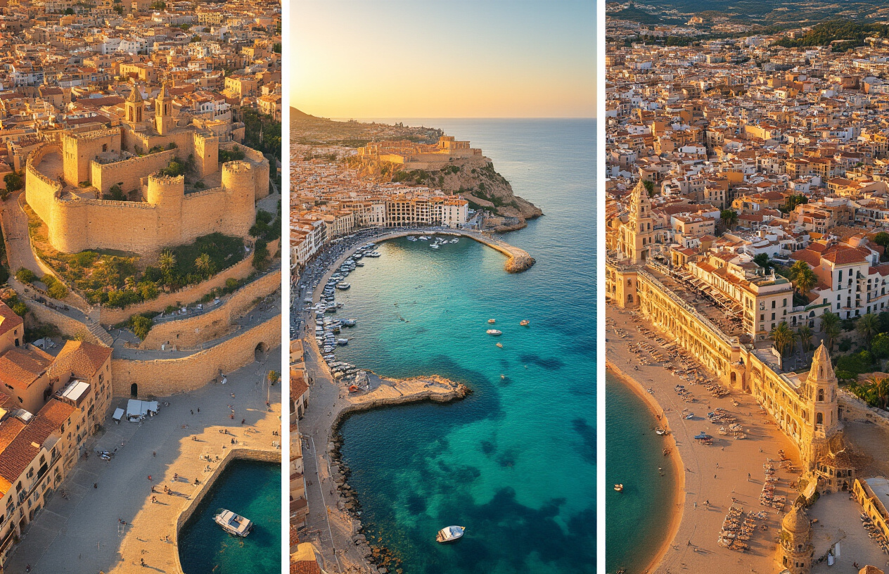 Create a realistic image of a split triptych aerial view showcasing three distinct Ibiza locations side by side, featuring Ibiza Town's historic walled old city with its golden stone fortress and marina, San Antonio's vibrant bay with its modern waterfront and famous sunset strip, and Santa Eulalia's elegant promenade with its charming riverside and relaxed Mediterranean harbor, all photographed in warm golden hour sunlight with clear blue Mediterranean waters visible in each scene, presented as a clean comparison layout with a neutral coastal atmosphere that highlights the unique architectural and lifestyle character of each area. Absolutely NO text should be in the scene.