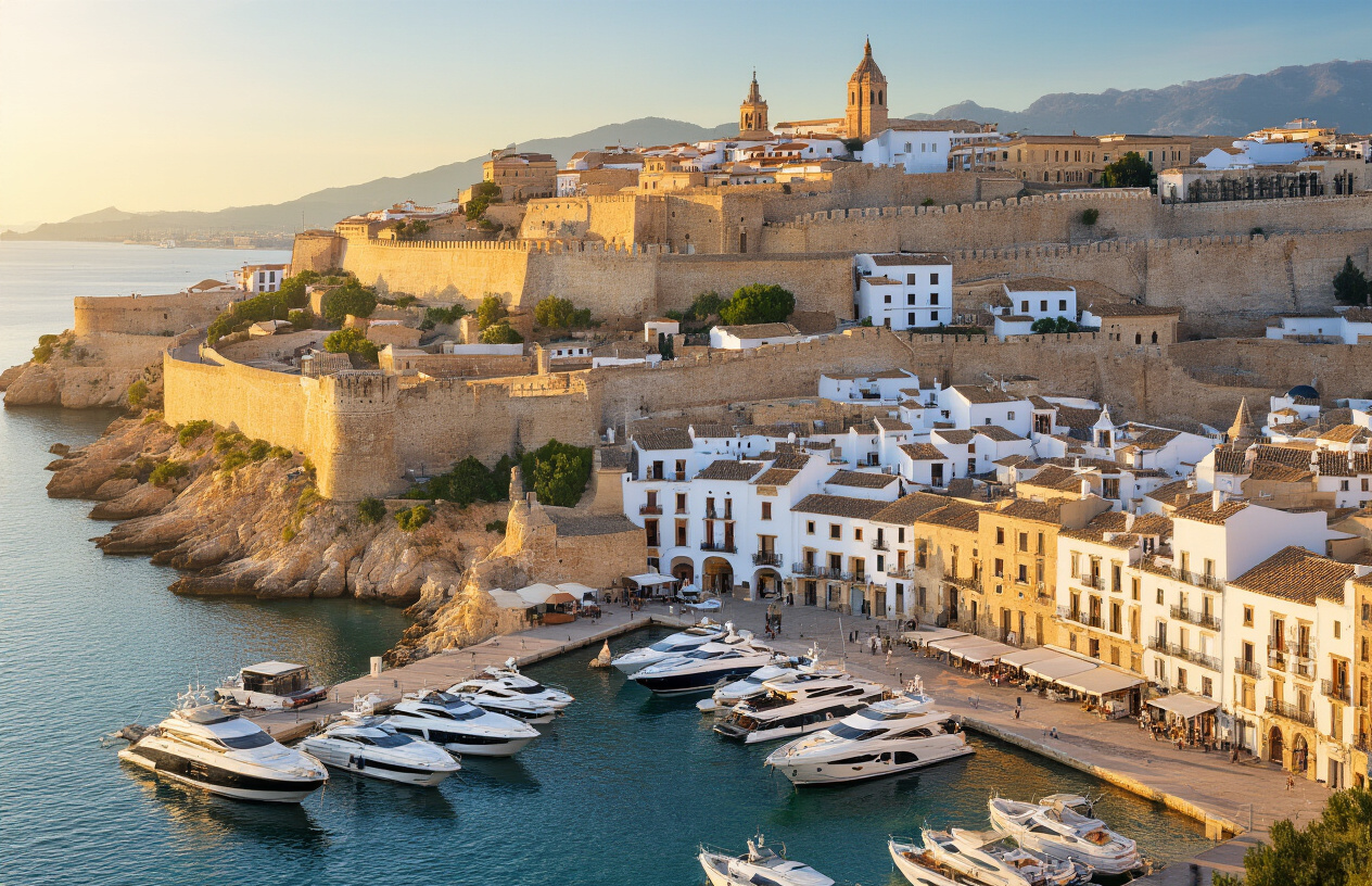 Create a realistic image of the iconic Dalt Vila (old town) of Ibiza Town, Spain, showcasing the UNESCO World Heritage medieval walled fortress perched on a hilltop, with elegant whitewashed buildings, historic stone walls, and terracotta rooftops visible within the fortifications, the charming marina in the foreground filled with luxury yachts, warm golden sunlight casting a prestigious and timeless glow over the scene, the atmosphere conveying culture, history, and year-round Mediterranean elegance, with a vibrant yet sophisticated ambiance that reflects the town's prestige and cultural significance. Absolutely NO text should be in the scene.