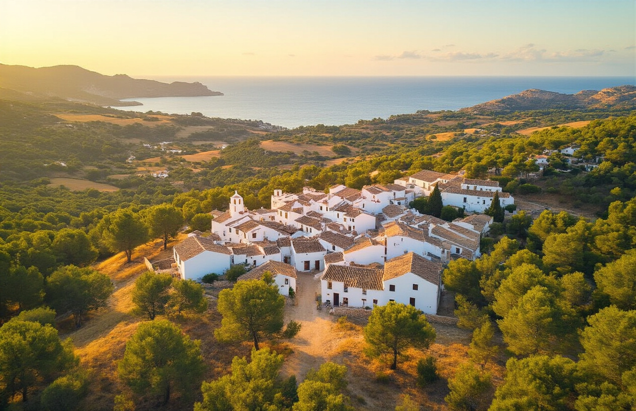 Create a realistic image of a scenic aerial view of a lesser-known, tranquil Ibiza countryside area featuring a charming small village with traditional whitewashed houses, surrounded by lush pine forests, golden hillsides, and a glimpse of the sparkling Mediterranean Sea in the distance, with soft warm sunlight casting a golden glow over the peaceful landscape, conveying a sense of hidden gem discovery and serene beauty away from the bustling tourist hotspots. Absolutely NO text should be in the scene.