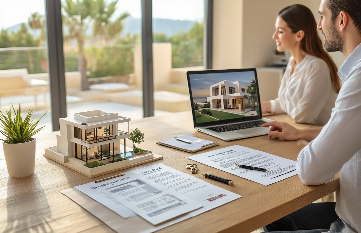 Create a realistic image of a clean, modern real estate office workspace in Ibiza, Spain, featuring a wooden desk with neatly arranged property documents, a Spanish property contract, house keys, a small architectural model of a Mediterranean villa, and a laptop displaying a property listing, with a white male real estate agent and a white female client sitting across from each other in a professional discussion, warm natural sunlight streaming through the window with a hint of Ibiza's Mediterranean landscape visible outside, conveying a sense of trust, progress, and organized steps in a professional property transaction. Absolutely NO text should be in the scene.