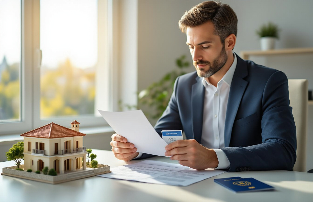 Create a realistic image of a well-dressed white male sitting at a modern desk in a bright, professional office setting, reviewing official documents and a Spanish residence permit card, with a small model of a Mediterranean villa and a European Union passport placed nearby on the desk, warm natural sunlight streaming through the window, conveying a sense of legal formality and opportunity, with a clean and organized atmosphere. Absolutely NO text should be in the scene.