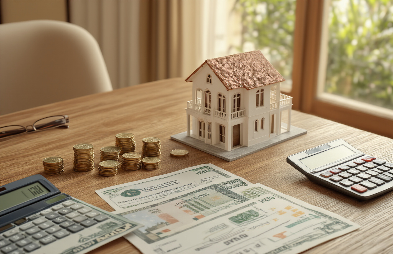 Create a realistic image of a wooden desk with a miniature white villa model, euro banknotes and coins, a calculator, and official-looking documents spread out neatly, representing property purchase costs and taxes, set against a warm Mediterranean-toned background with soft natural light coming from a window, evoking a professional yet sunny Ibiza atmosphere, with no people in the scene. Absolutely NO text should be in the scene.