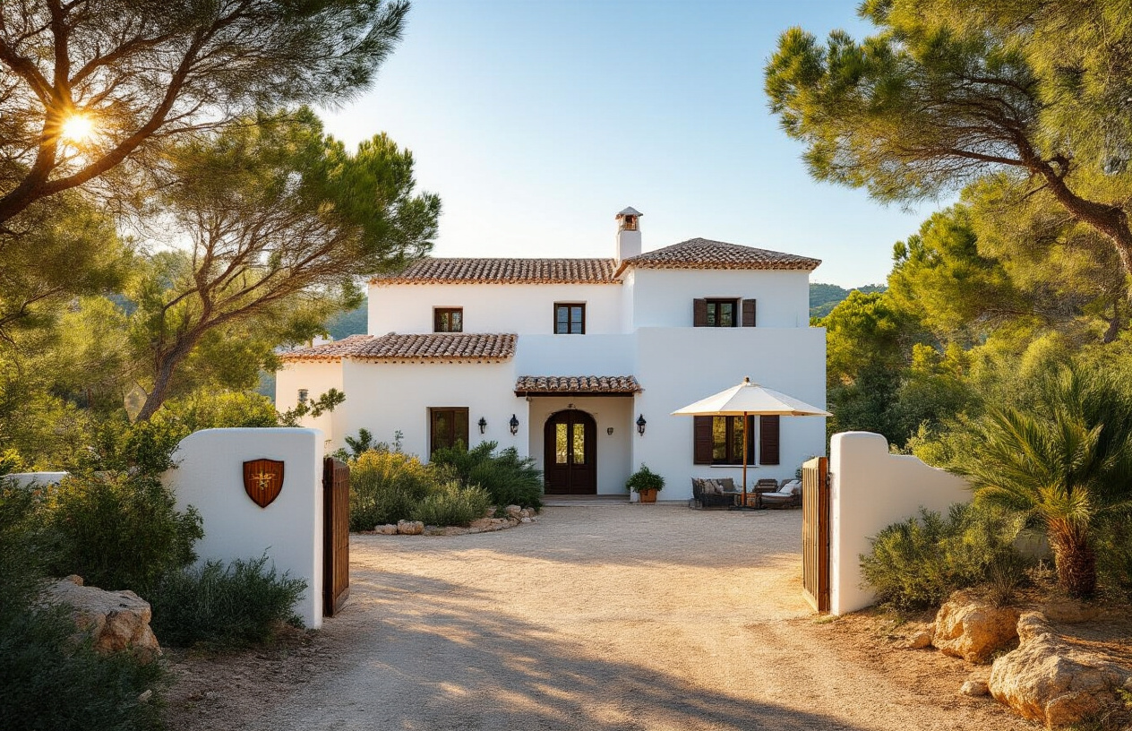 Create a realistic image of a beautiful white Mediterranean villa in Ibiza with terracotta roof tiles surrounded by lush greenery and pine trees, with a small wooden shield or protection symbol overlay concept subtly represented by a physical umbrella placed near the entrance gate of the property, golden afternoon sunlight casting warm shadows across the facade, a calm and secure atmosphere, clear blue sky in the background, no people present, professional real estate photography style. Absolutely NO text should be in the scene.