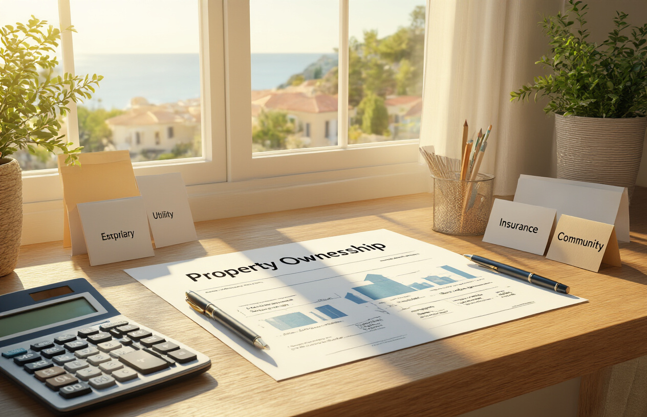 Create a realistic image of a neatly arranged desk with a property ownership cost breakdown displayed through physical documents, a calculator, a pen, and small labeled envelopes representing bills such as utility payments, insurance, and community fees, set against a bright Mediterranean-style background with warm sunlight streaming through a window, evoking a sense of financial planning and responsible homeownership in a sunny coastal setting, with a calm and organized mood. Absolutely NO text should be in the scene.