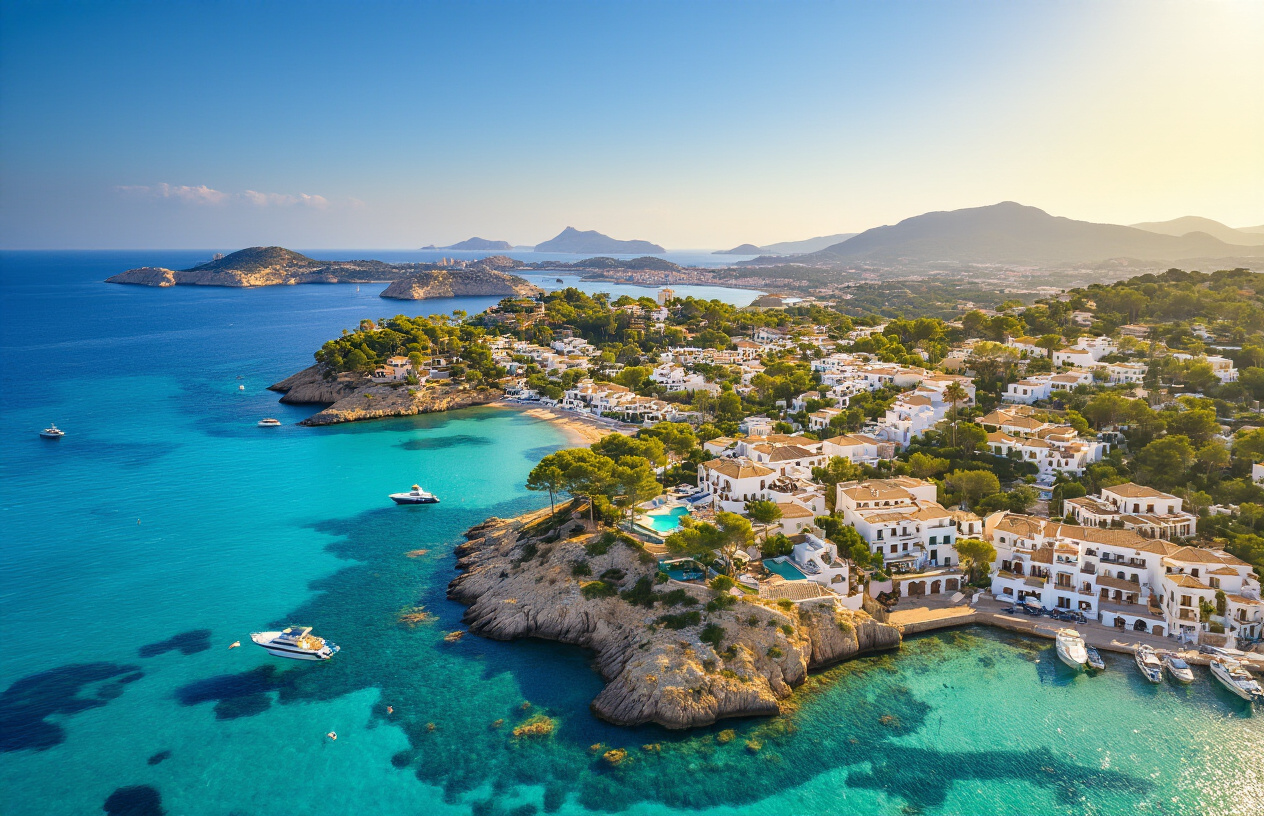 Create a realistic image of a stunning aerial view of Ibiza's coastline showcasing multiple distinct neighborhoods, featuring crystal-clear turquoise Mediterranean waters, white-washed luxury villas and upscale properties nestled among pine-covered hills, a charming old town with historic architecture visible in the distance, and a picturesque marina with moored yachts along the shoreline, bathed in warm golden sunlight under a clear blue sky, conveying an aspirational and inviting atmosphere of Mediterranean island living. Absolutely NO text should be in the scene.
