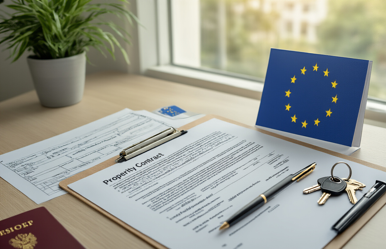 Create a realistic image of a neatly organized desk with essential legal and financial documents spread out, including a passport, a property contract, and a checklist on a clipboard, alongside a pen, a small European Union flag, and a set of house keys, set against a bright and professional office background with soft natural lighting coming through a window, conveying a sense of preparation and due diligence for an international property purchase. Absolutely NO text should be in the scene.
