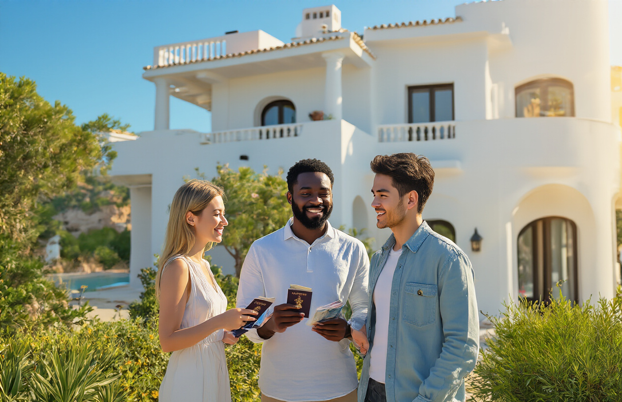 Create a realistic image of a diverse group of people including a white female, a black male, and an Asian male standing together outside a beautiful white Mediterranean villa in Ibiza, each holding passport documents and looking at the property with interest, with lush greenery and a clear blue sky in the background, warm golden sunlight casting a welcoming glow over the scene, conveying a sense of opportunity and international appeal. Absolutely NO text should be in the scene.