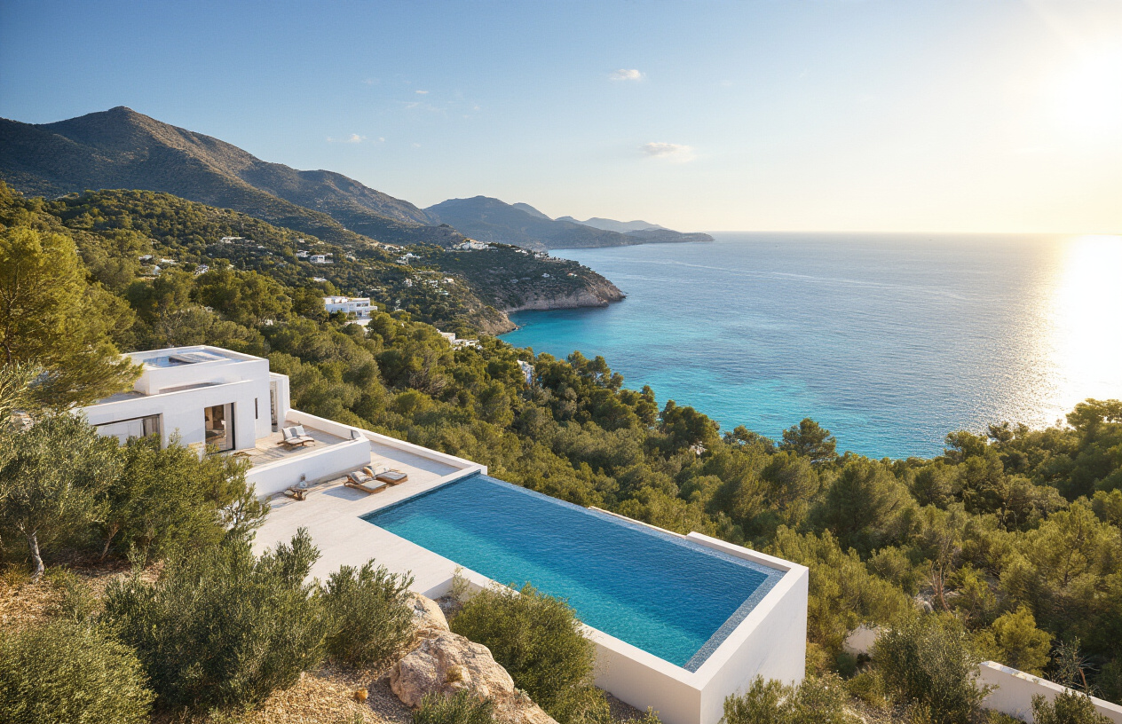 Create a realistic image of a stunning luxury villa perched on a hillside in Ibiza with panoramic views of the turquoise Mediterranean Sea, featuring a sleek infinity pool overlooking the coastline, lush Mediterranean vegetation surrounding the property, warm golden sunlight casting a rich glow over the white-washed architecture, conveying a sense of exclusivity, prosperity, and timeless appeal as a high-value real estate investment, with a clear blue sky in the background. Absolutely NO text should be in the scene.