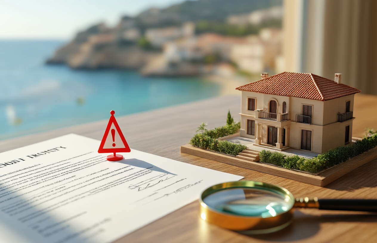 Create a realistic image of a close-up view of a wooden desk with a Spanish property contract document, a small red warning flag figurine, and a miniature model of a Mediterranean villa placed next to a magnifying glass, with a blurred background of a sunny Ibiza or Mallorca coastal scene visible through a window, the scene lit with natural warm light creating a cautious yet professional atmosphere, suggesting due diligence and legal scrutiny in real estate investment. Absolutely NO text should be in the scene.