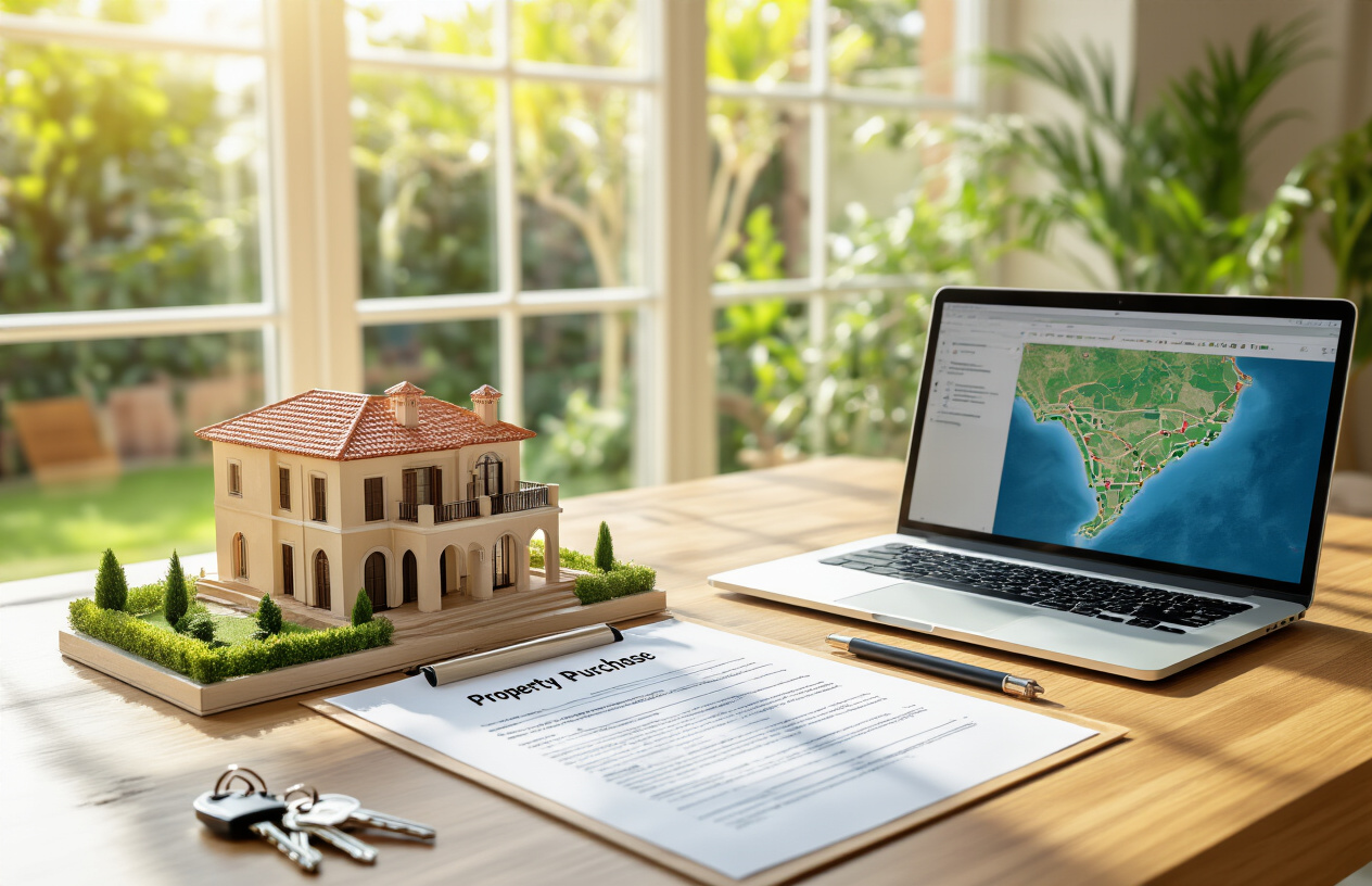 Create a realistic image of a well-organized wooden desk with a property purchase checklist, a Spanish real estate contract, a small decorative model of a Mediterranean villa, and a set of house keys placed neatly on top, accompanied by a laptop showing a map of the Balearic Islands, set in a bright, sunlit home office with large windows overlooking a lush garden, conveying a sense of careful planning and optimism, with warm natural lighting creating a professional yet welcoming atmosphere. Absolutely NO text should be in the scene.