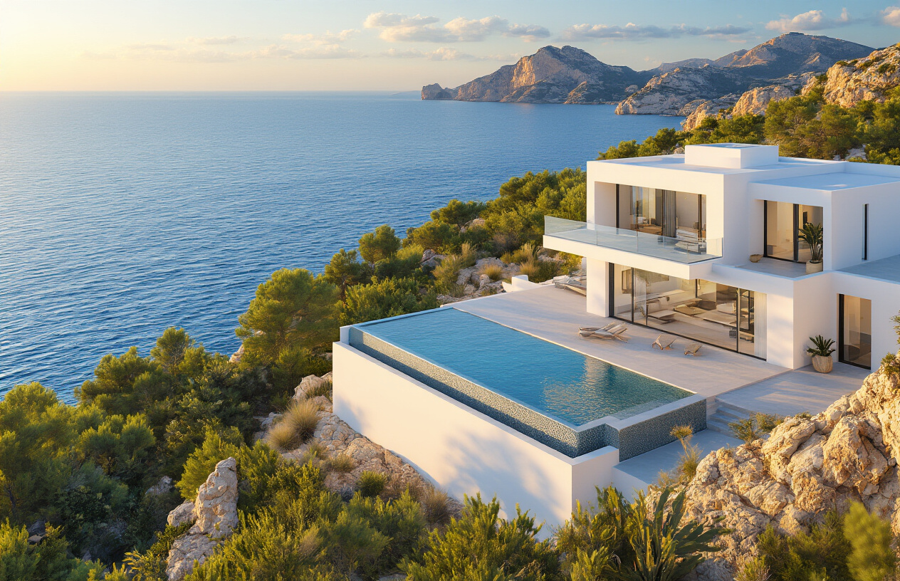 Create a realistic image of a stunning luxury villa in Ibiza, Spain, featuring a sleek modern architecture with white walls, large glass windows, and an infinity pool overlooking the deep blue Mediterranean Sea, surrounded by lush Mediterranean vegetation and rocky cliffs, bathed in warm golden sunlight during the late afternoon, conveying an atmosphere of exclusivity, privacy, and high-end real estate, with a "For Sale" sign subtly absent to keep the scene natural and aspirational. Absolutely NO text should be in the scene.