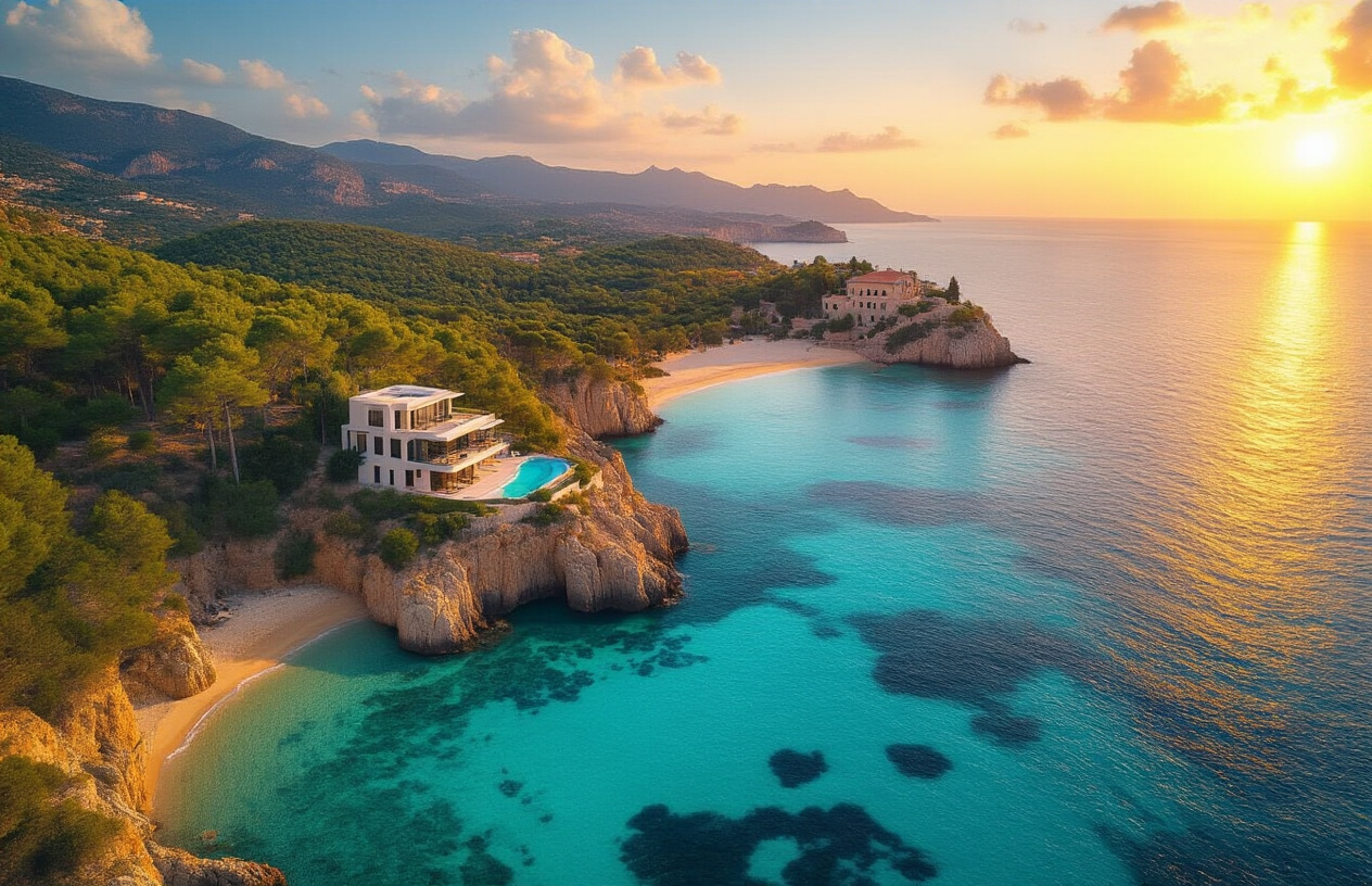 Create a realistic image of a split-scene aerial view showcasing two stunning Mediterranean island coastlines side by side, with one side featuring the vibrant, glamorous turquoise waters and rocky cliffs of Ibiza with a sleek modern luxury villa perched on the hillside, and the other side showing the serene, golden sandy beaches and lush green landscapes of Mallorca with a classic Mediterranean stone villa nestled among pine trees, both bathed in warm golden sunset light reflecting off the calm sea, evoking a sense of luxury, aspiration, and peaceful decision-making, with a dreamy yet realistic atmosphere that captures the beauty and investment appeal of both islands. Absolutely NO text should be in the scene.