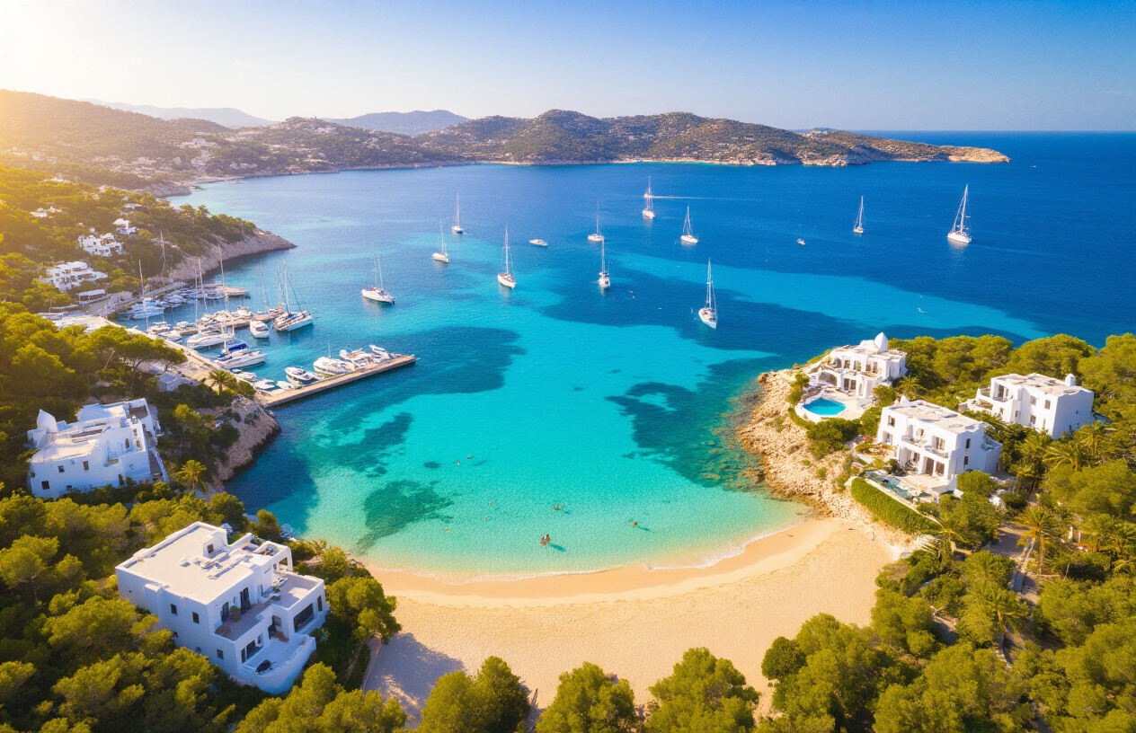 Create a realistic image of a stunning aerial view of a Balearic Island coastline, showcasing crystal-clear turquoise Mediterranean waters, a picturesque sandy beach, and luxury white villas nestled among lush greenery on hillsides, with a charming marina filled with sailboats in the background, bathed in warm golden sunlight under a bright blue sky, conveying a sense of exclusivity, tranquility, and Mediterranean paradise that appeals to affluent second home buyers. Absolutely NO text should be in the scene.