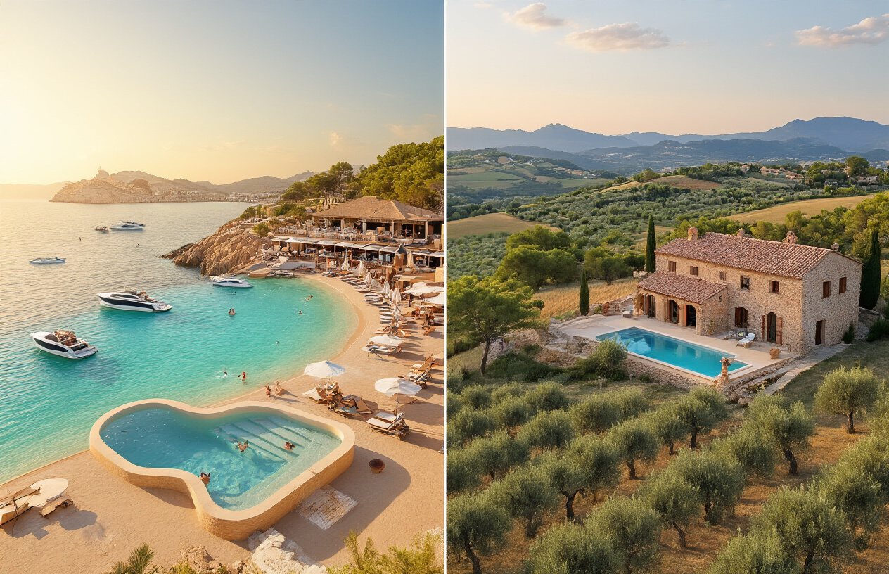 Create a realistic image of a split-scene composition showing two contrasting Mediterranean island lifestyles side by side, with the left side depicting a vibrant, glamorous beach club scene in Ibiza with a luxury infinity pool, yacht-dotted turquoise waters, and a lively upscale atmosphere under warm golden sunlight, and the right side showing a serene, picturesque Mallorcan countryside villa with a terracotta-roofed stone farmhouse, olive trees, and a tranquil swimming pool surrounded by lush greenery under soft afternoon light, both scenes conveying distinct lifestyle choices for potential property buyers, with a clear visual contrast between excitement and peaceful elegance. Absolutely NO text should be in the scene.