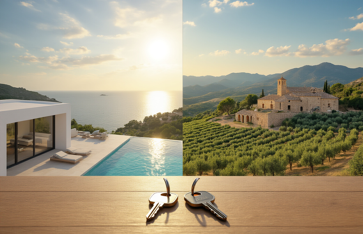 Create a realistic image of a split-scene composition showing two luxury vacation properties side by side, one representing Ibiza with a sleek modern white villa featuring a infinity pool overlooking a vibrant Mediterranean coastline, and the other representing Mallorca with a traditional stone finca surrounded by lush olive trees and rolling hills, connected in the center by a subtle visual element suggesting shared ownership such as two sets of keys placed together on a wooden surface in the foreground, warm golden sunlight illuminating both properties, conveying a sense of affluence, balance, and choice, with a bright and inviting Mediterranean atmosphere. Absolutely NO text should be in the scene.