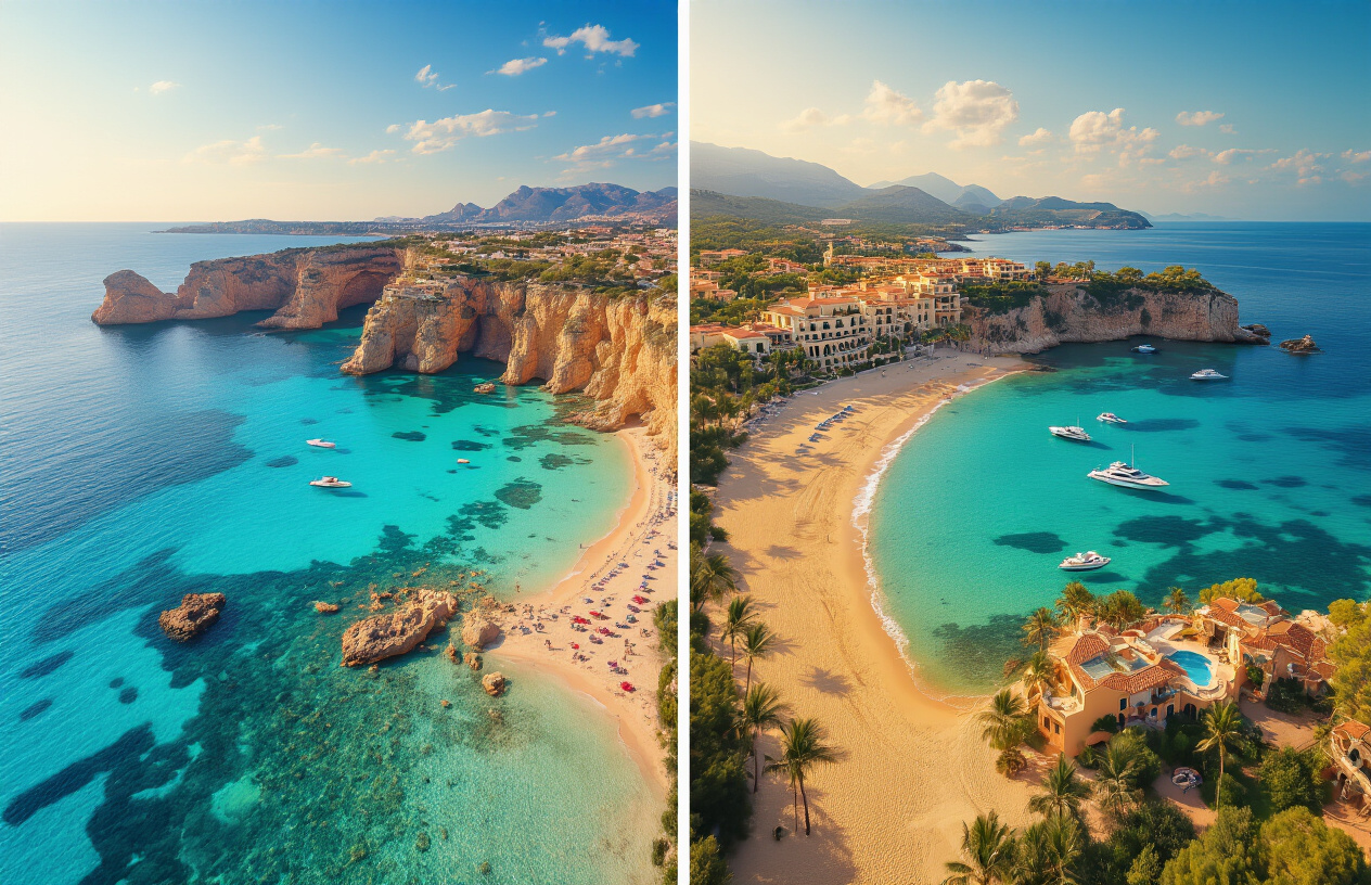 Create a realistic image of a split-screen aerial view comparing two stunning Mediterranean island coastlines side by side, with the left side showing Ibiza's rugged cliffs and vibrant turquoise waters with a lively beach club setting, and the right side showing Mallorca's golden sandy beaches and calm bays with elegant waterfront villas, both scenes bathed in warm golden sunlight with luxury yachts dotting the sparkling sea, conveying a sense of upscale real estate opportunity and island lifestyle comparison, shot from a high aerial perspective with vivid colors and a bright, aspirational mood. Absolutely NO text should be in the scene.